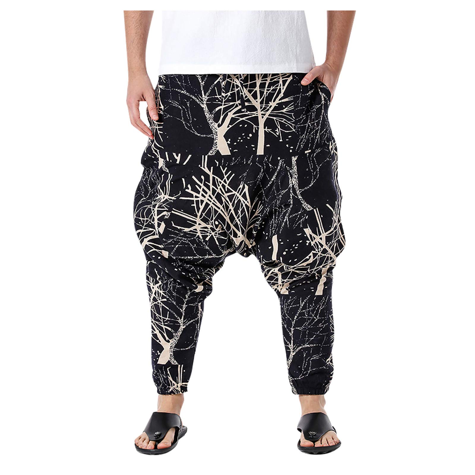 Breathable Cotton-Linen Elastic Waist Pants for Men - Lightweight Casual Loose Fit Home & Travel Pants with Cuffed Hem - Perfect for Lounging, Yoga, and Everyday Wear