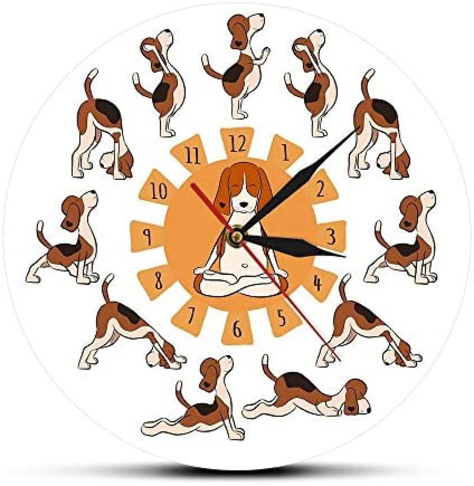 Silent Wall Clock with Surya Beagle Dog Yoga Art - Non-Ticking Meditation Clock for Kitchen, Yoga Studio & Home Decor - Perfect Relaxing Gift for Dog Lovers