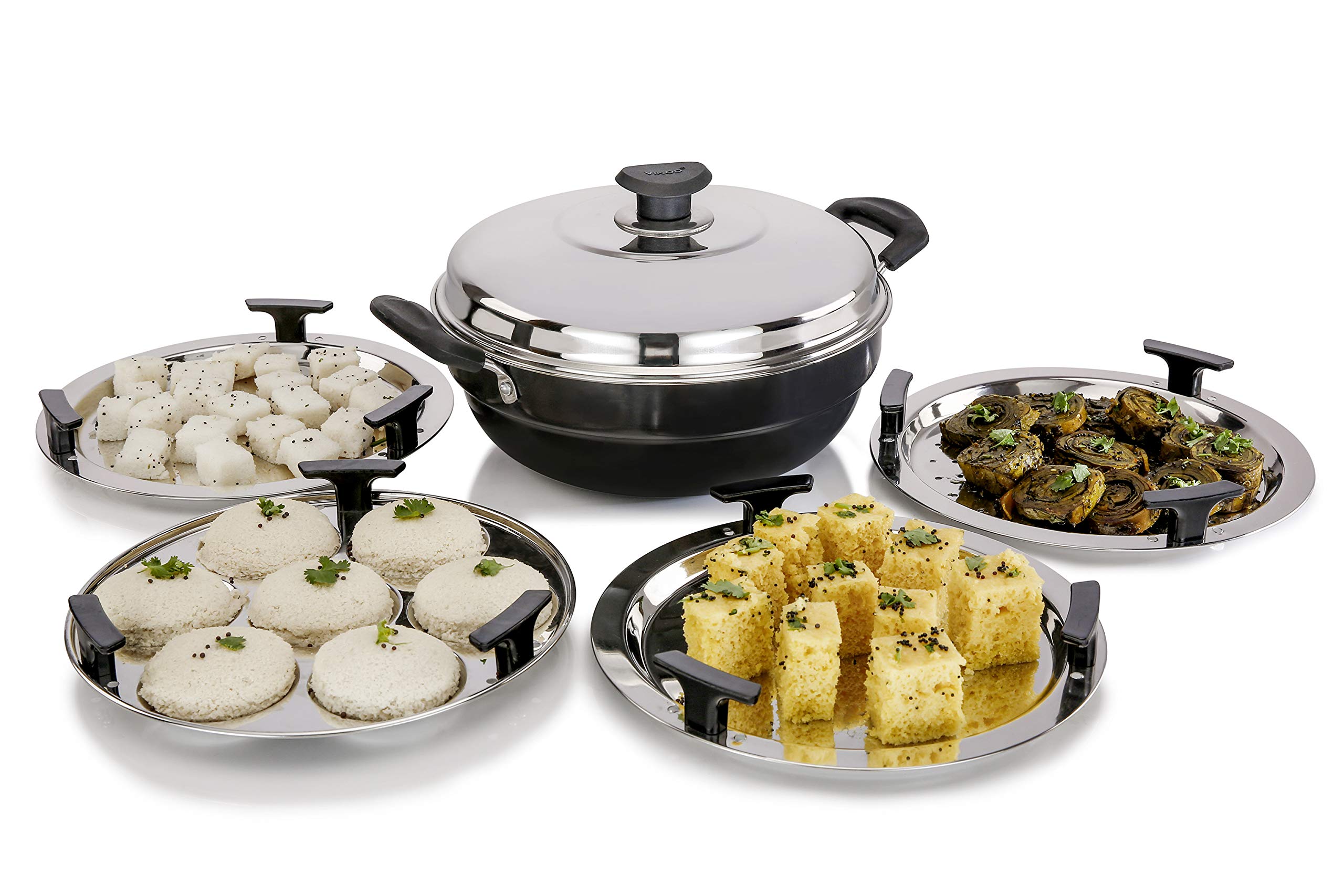 Vinod Multi Kadhai (Hard Anodized) - 26cm Non-Stick Indian Cooking Pot for Idli, Dhokla, Steaming & Frying - Perfect for Home Kitchen & Restaurant Use