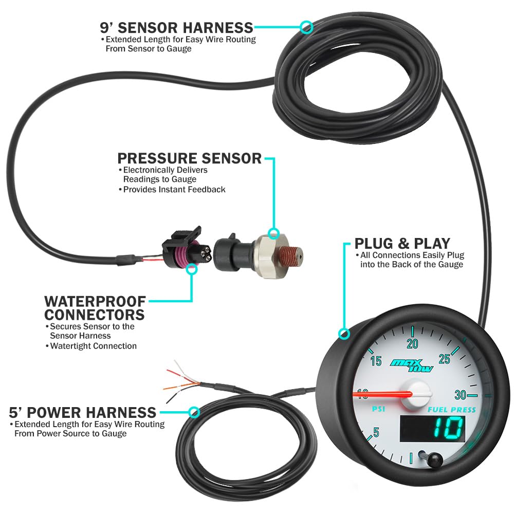 MaxTow Match 30 PSI Fuel Pressure Gauge Kit for Dodge Ram 5.9L 6.7L Cummins 3rd Gen Diesel Trucks - Electronic Pressure Sensor Included - Dual Display Analog & Digital Readout - 2-1/16