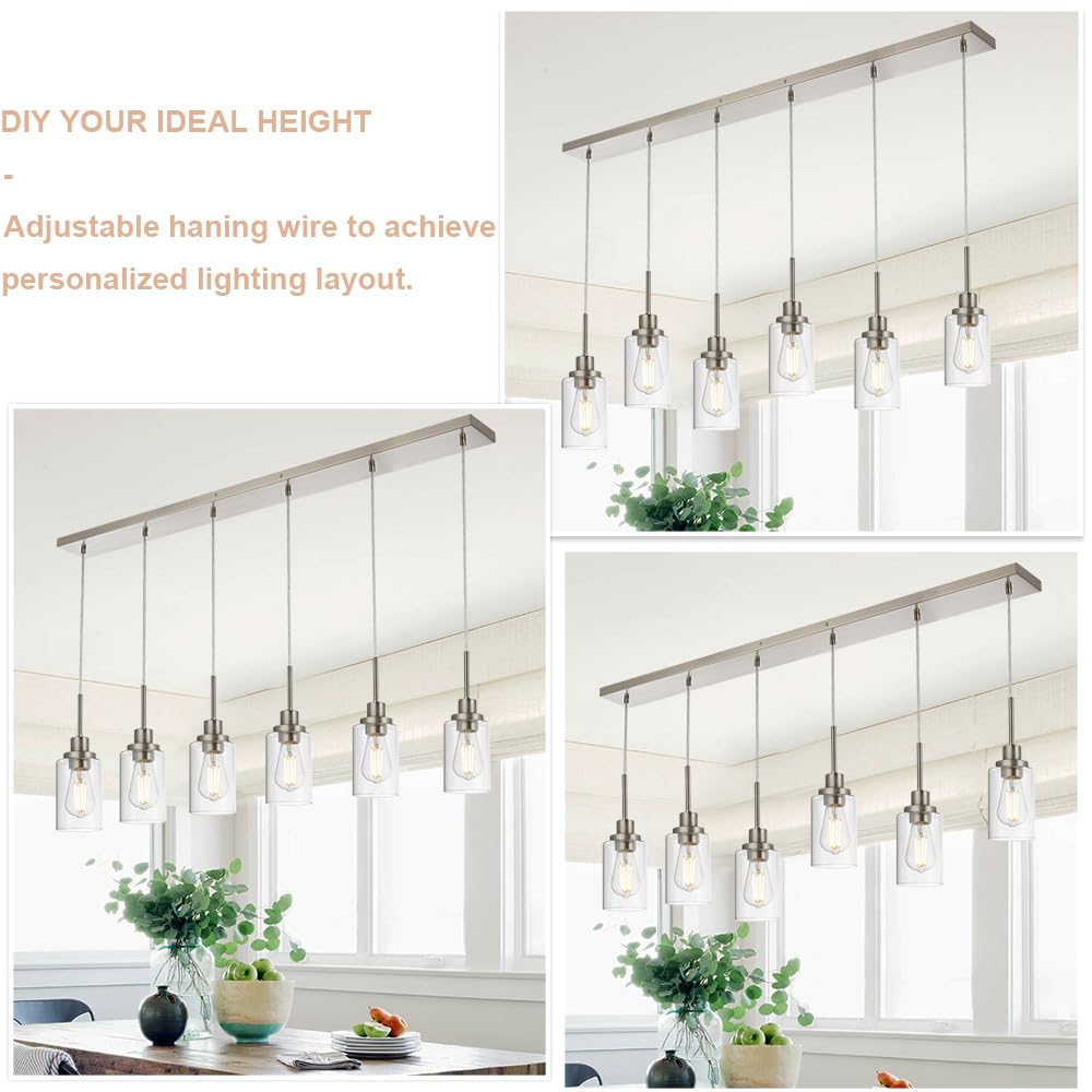 6-Light Brushed Nickel Pendant Lighting for Kitchen Island - Adjustable Hanging Wire & Clear Glass Shades - Perfect for Dining Room, Bar Counter, and Modern Kitchen Decor