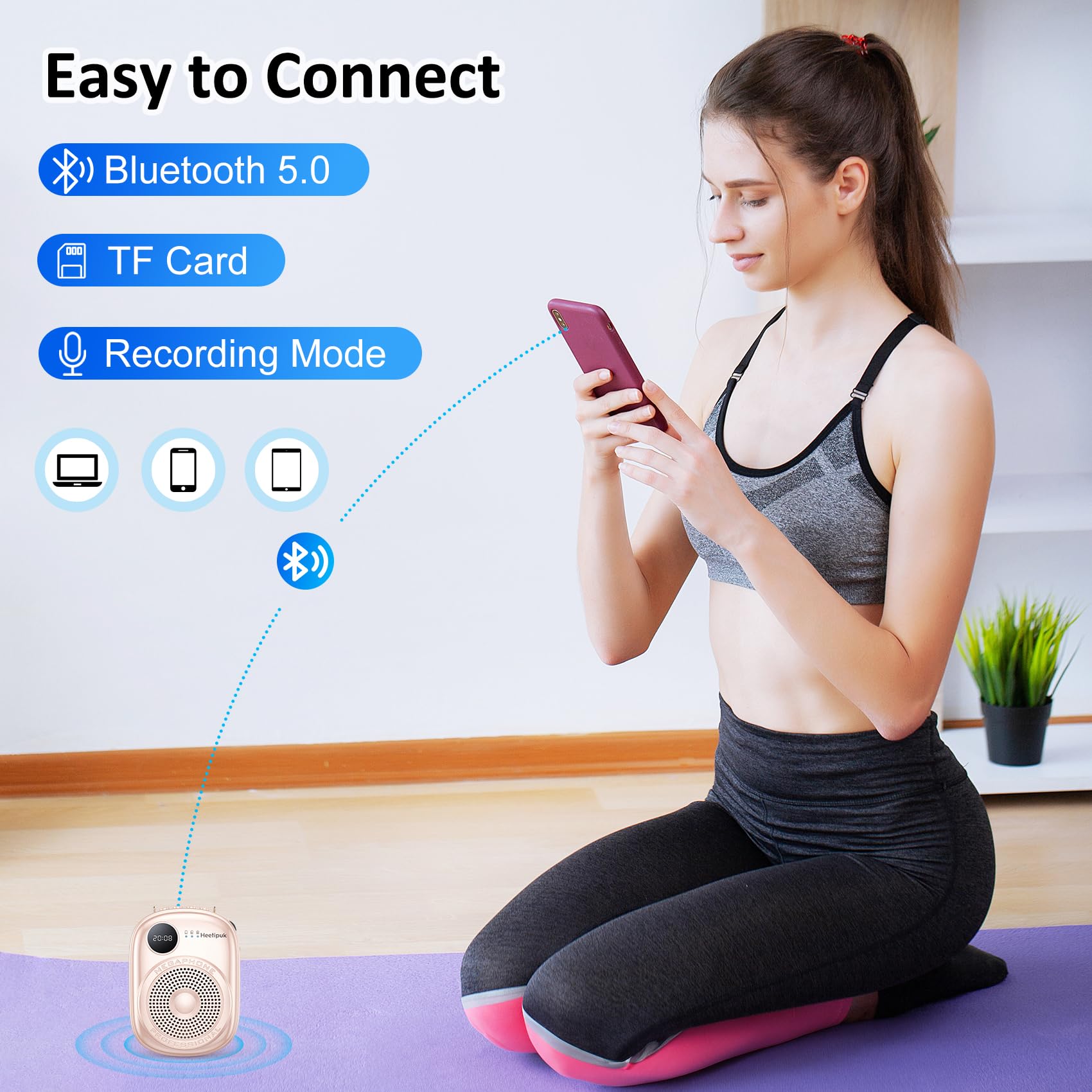 Portable Voice Amplifier with Wired Microphone & Speaker - Bluetooth 5.0 PA System for Teachers, Tour Guides, Coaches, Yoga & Fitness Instructors - Includes Headset Mic, TF Card Support - Pink | Ideal for Classroom Teaching, Outdoor Tours, Gym Instructions & Public Speaking