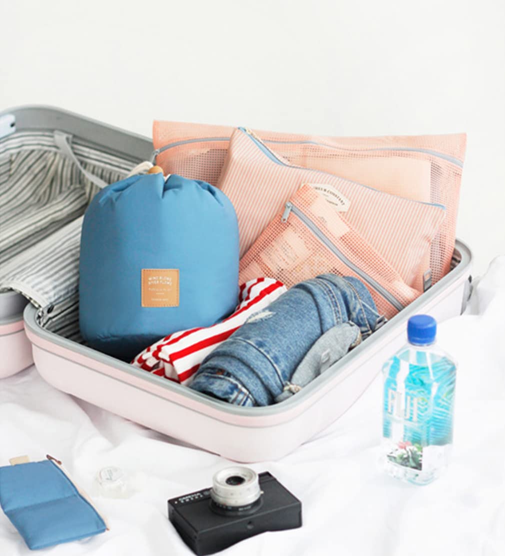 LKMY Drawstring Toiletry Bag - Portable Waterproof Cosmetic Organizer for Travel, Large Capacity Makeup Pouch with Wash Brush Storage (Blue) | Perfect for Gym, Vacation & Daily Essentials Organization