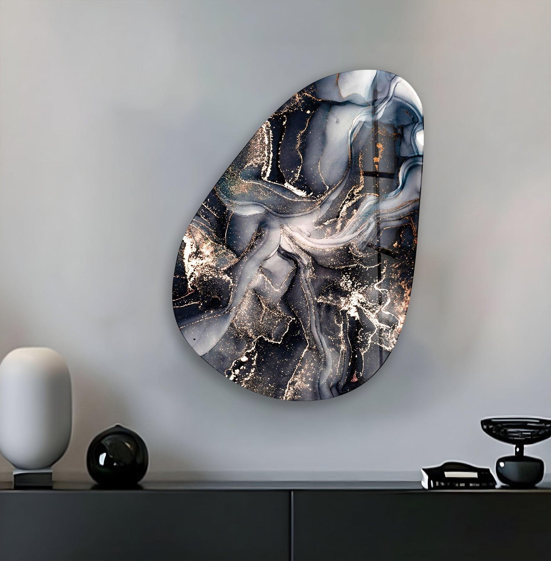 Asymmetrical Oval Black Grey Marble Glass Wall Art - Modern Abstract Home Decor for Living Room, Bedroom & Office
