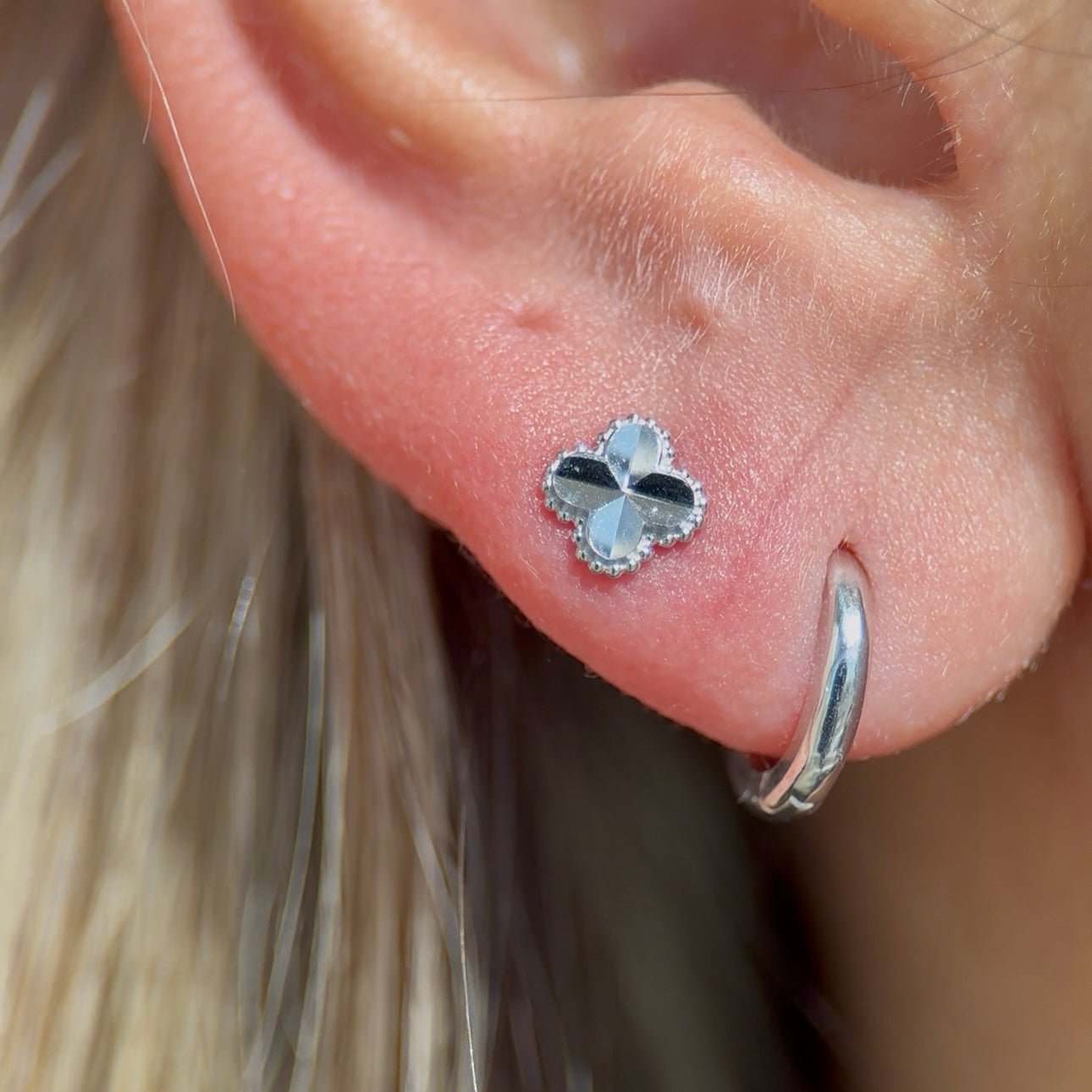 14K White Gold Diamond Cut Clover Stud Earrings - Flat Back for Secure Fit, Perfect for Everyday Wear & Special Occasions