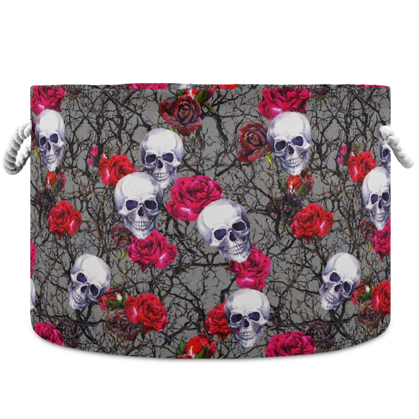 Skull Rose Flower Canvas Storage Basket - Nursery Hamper & Toy Organizer for Kids Room, Playroom, Shelves | Laundry Bin & Fabric Storage Box for Home Organization