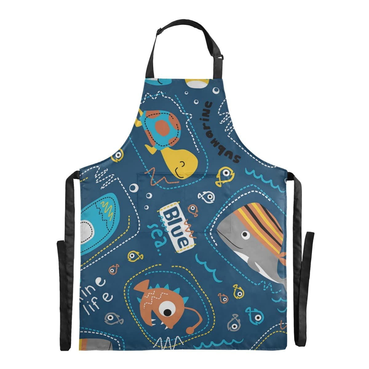 RunningBear Waterproof Cartoon Submarine Sea Animals Bib Apron - Adjustable Straps & Large Pocket for Adults, Stepdad - Perfect for Farmhouse, Cosmetology, Home Kitchen & BBQ Cooking
