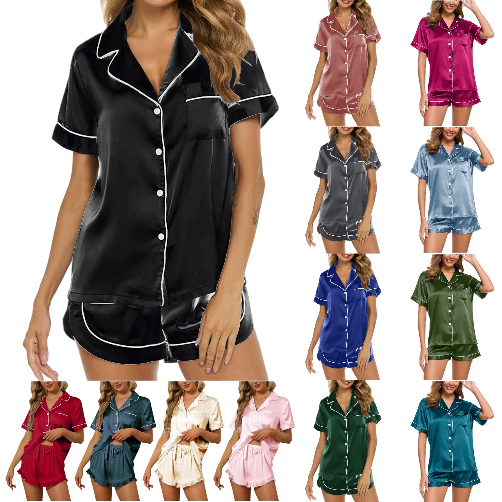 Silk Pajama Set for Women - Short Sleeve Button Up Top & Shorts - Summer Satin Sleepwear - 2 Piece Comfy Lounge Set for Sleep, Relaxation & Home Wear
