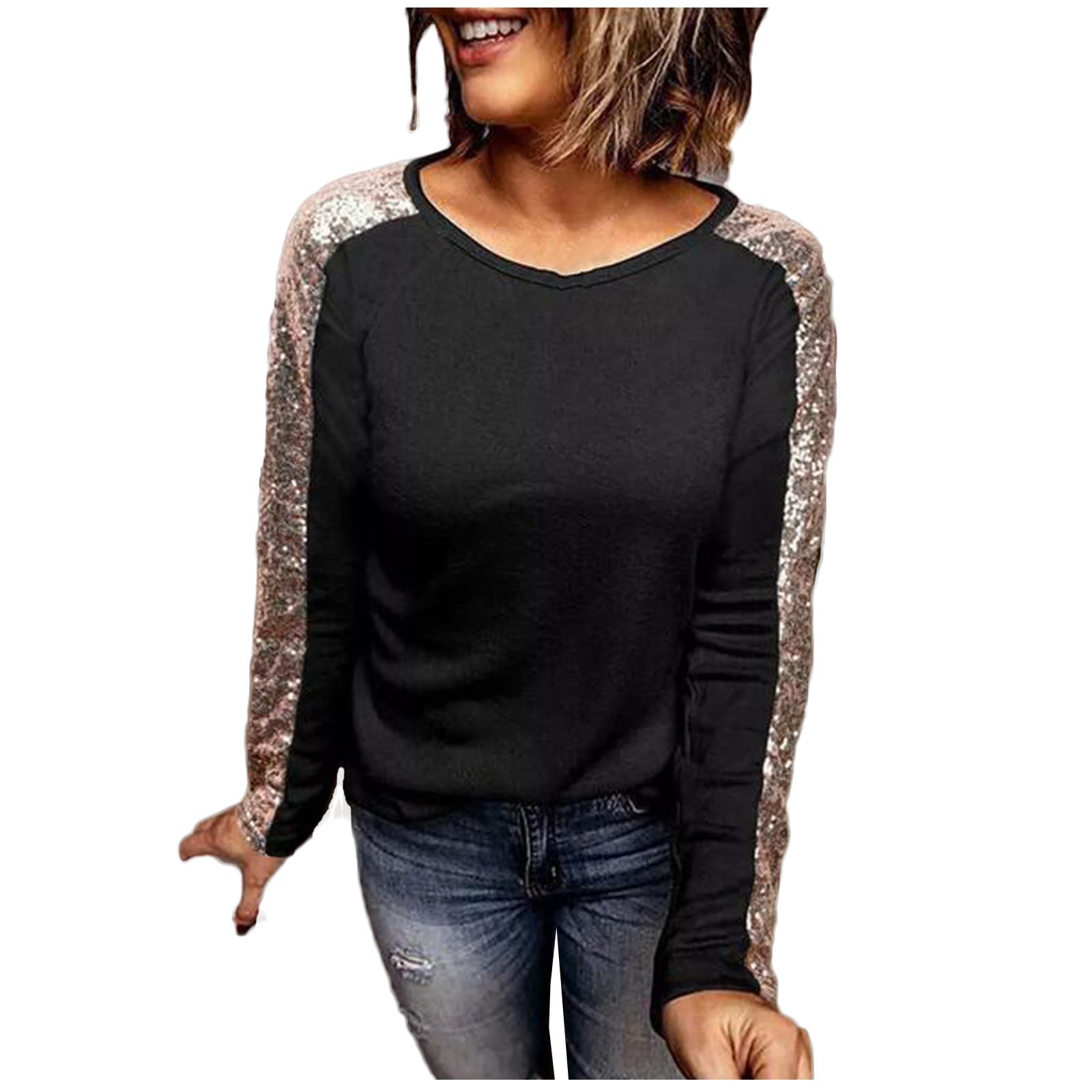 Sparkly Sequined Long Sleeve Blouse for Women - Loose Crewneck Pullover T-Shirt | Casual Wear, Party Outfits & Athleisure Fashion