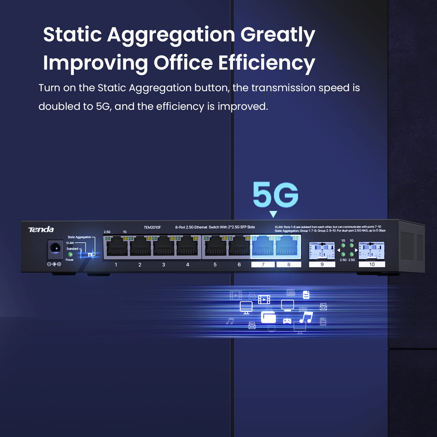 Tenda TEM2010F 10-Port 2.5G Multi-Gigabit Unmanaged Ethernet Switch with 2 SFP Ports, VLAN Support, Static Aggregation, 50Gbps Switching Capacity - Plug & Play for Home Office & Small Business Networks (Desktop/Wall Mount, Black)