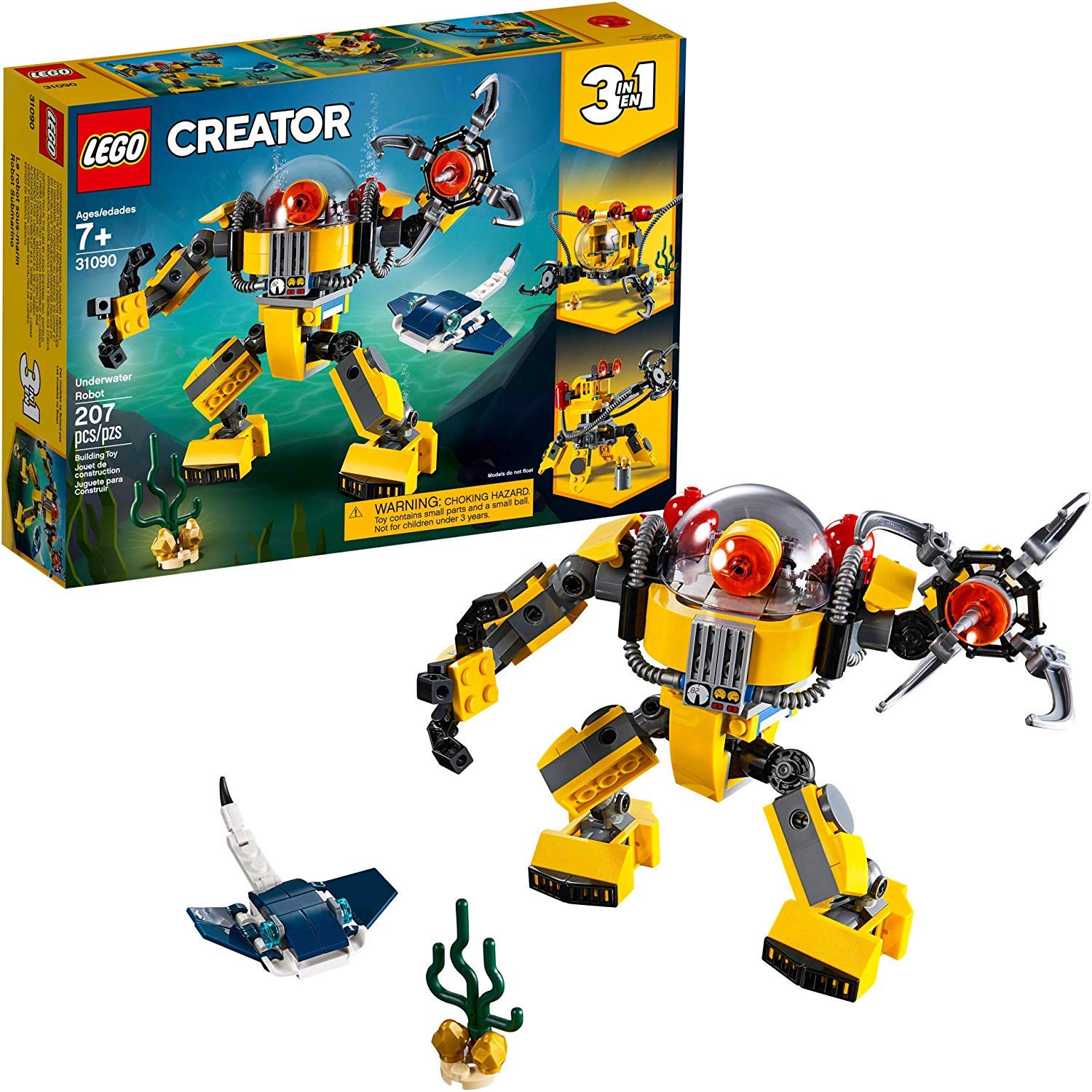 LEGO Creator 3-in-1 Underwater Robot Building Kit (31090) - 207 Pieces STEM Toy for Kids Ages 7+ | Build Robot, Submarine & Sea Creature | Creative Play & Ocean Exploration