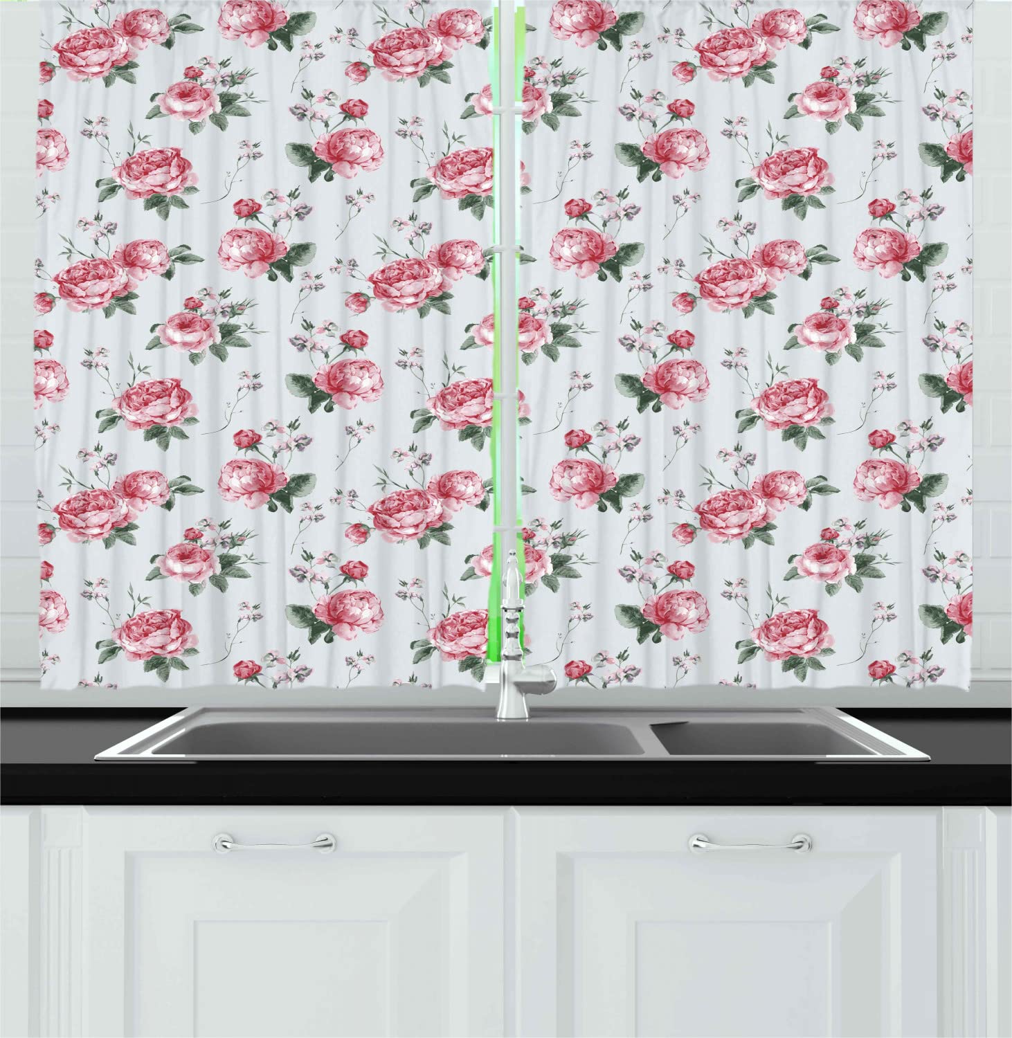 Ambesonne Floral Long Kitchen Curtains - Romantic Spring Summer Flowers with Roses & Leaves Design, 2 Panel Rod Pocket Drapes for Windows (55x45 Inches, Almond Green & Pale Pink) - Perfect for Farmhouse, Cottage & Vintage Style Home Decor