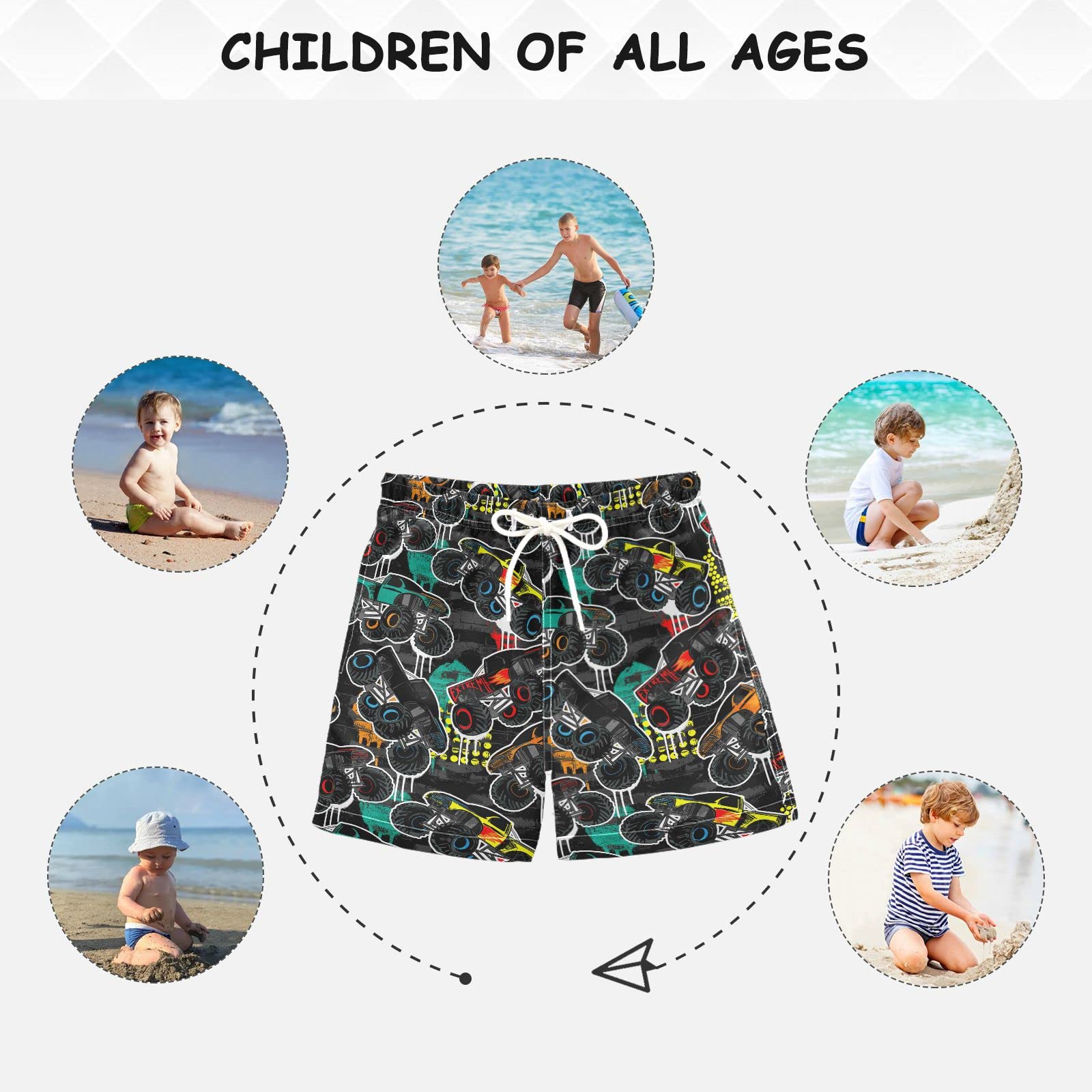 Abstract Monster Truck Boys Teens Quick Dry Swim Trunks - Cool Cartoon Design for Beach, Pool & Summer Water Activities
