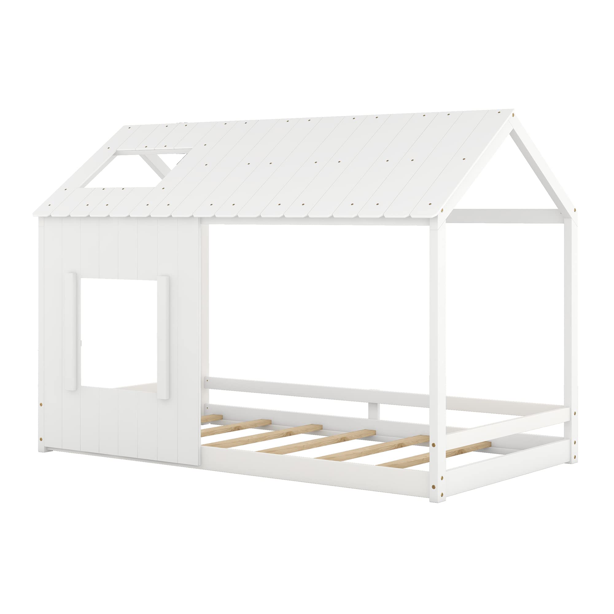 Montessori Twin Size Floor Bed with Roof & Window - Solid Wood Platform Bed Frame for Kids, Teens, Girls & Boys - White - Perfect for Playrooms, Bedrooms & Montessori Learning Spaces