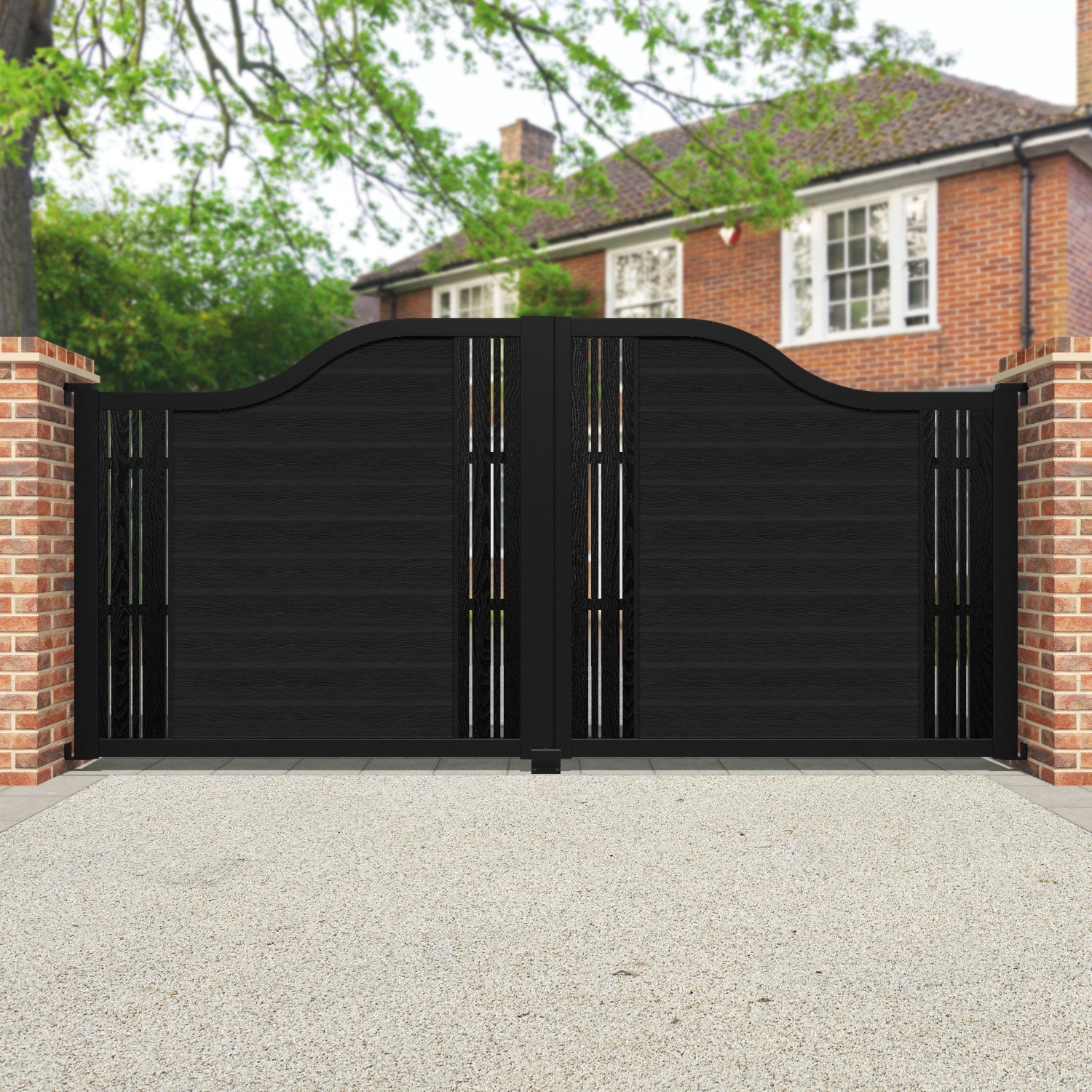 Classic Black Linea Curved Top Driveway Gate with Middle & End Screen - Elegant Driveway Entrance for Enhanced Security & Curb Appeal
