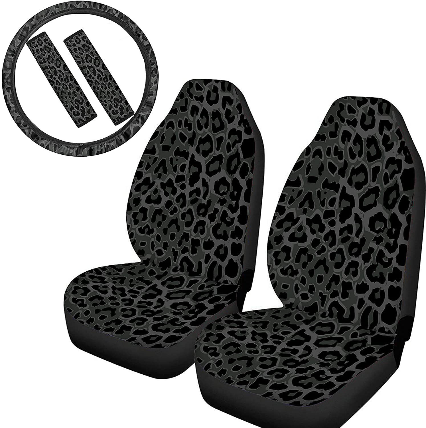 PZZ BEACH Black and Grey Leopard Print Car Seat Covers Set - Universal Front Seat Covers, Steering Wheel Wrap & Seatbelt Pads (5-Piece) - Soft Durable Car Accessories for SUVs, Sedans & Trucks - Perfect for Road Trips, Daily Commute & Car Protection