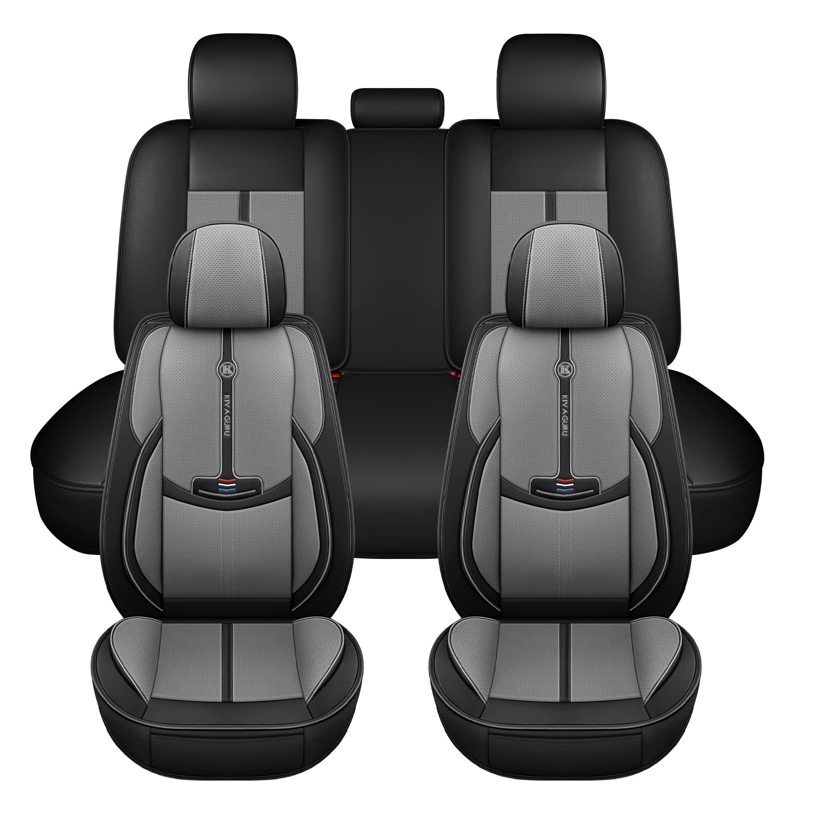 Premium KIVAGURU Leather Car Seat Covers - Universal Non-Slip Leatherette Auto Seat Protectors (5-Piece Set, Sporty Grey & Black) - Waterproof, Durable & Stylish for Cars, SUVs & Trucks - Perfect for Daily Commute, Road Trips & Family Protection