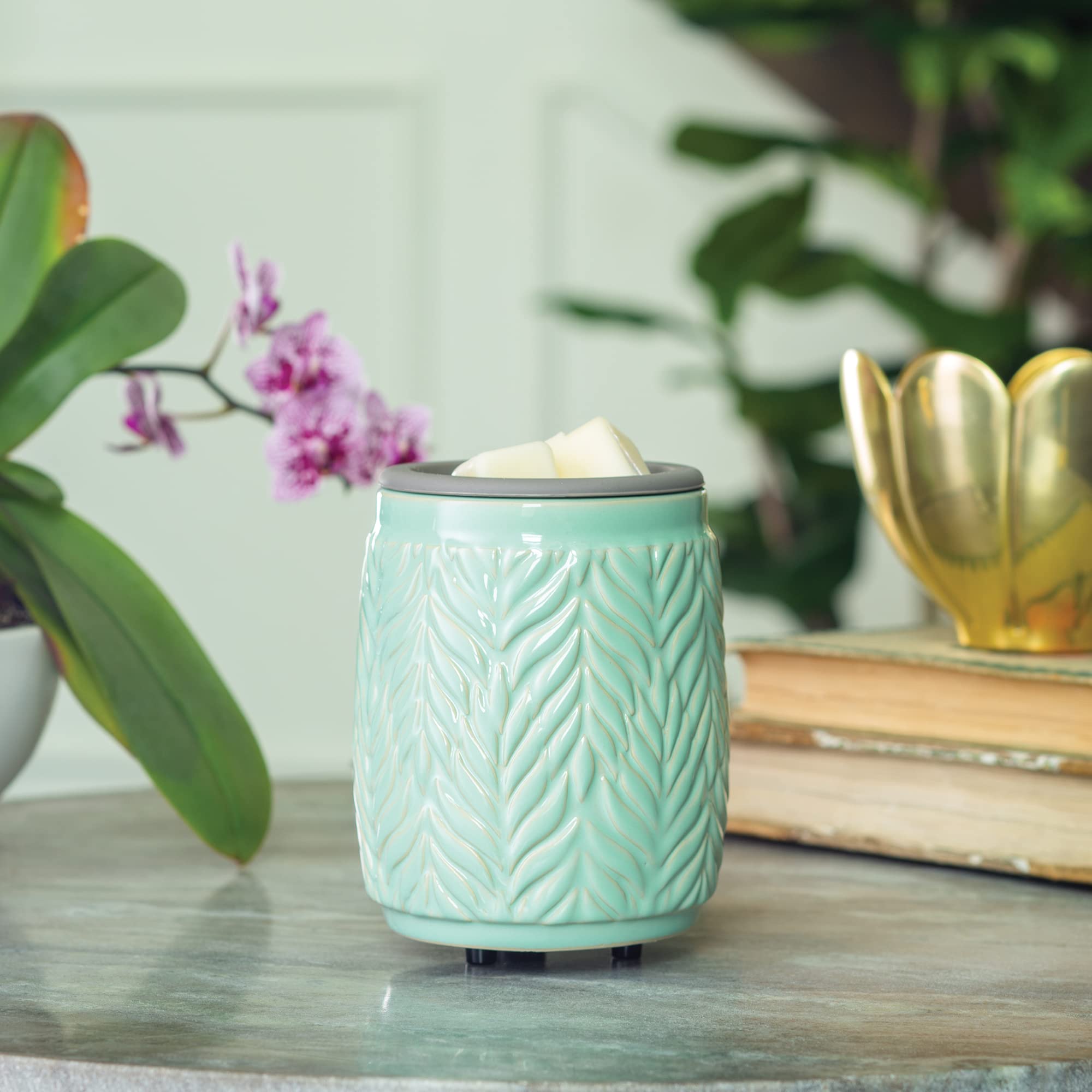 Ceramic Wax Melt Warmer with Silicone Dish - Mint Tropical Leaves Design for Scented Wax Melts, Cubes & Tarts | Home Fragrance, Aromatherapy & Relaxation Gift Idea