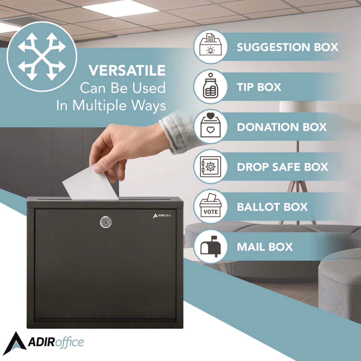 AdirOffice Large Secure Drop Box - 12 x 3 x 10 Inch Steel Locking Mailbox for Office, Home & Business - Black Multi-Purpose Deposit Box for Documents, Packages & Valuables (Ideal for Mailrooms, Reception Areas & Secure Storage)