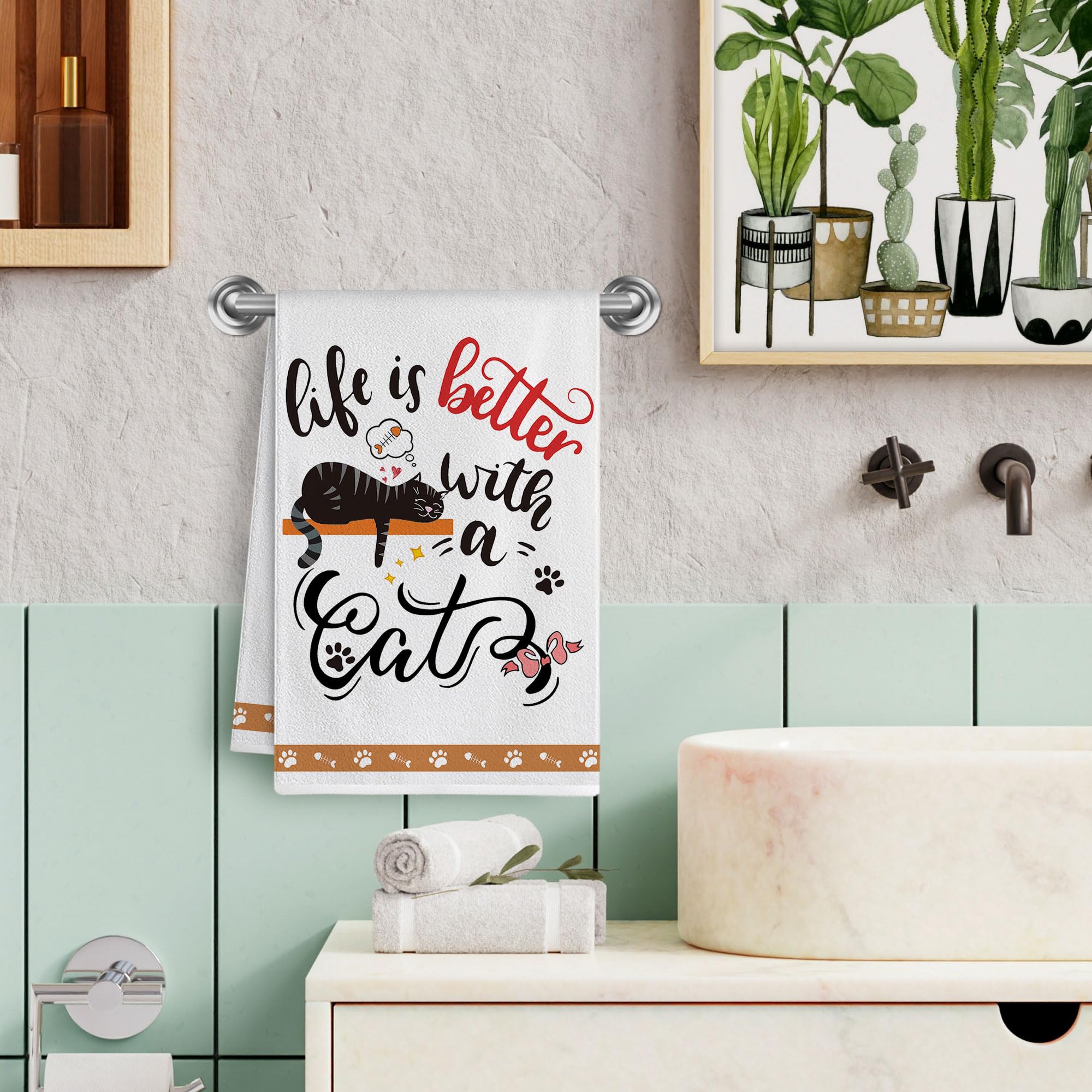 Hexagram Cat Lover Gifts for Women - Set of 4 Funny Cat Kitchen Towels, Cute Cat Tea Towels & Hand Towels - Perfect Cat Mom Gifts, Housewarming Presents & Kitchen Decor - Ideal for Daily Use, Dish Drying & Home Decoration