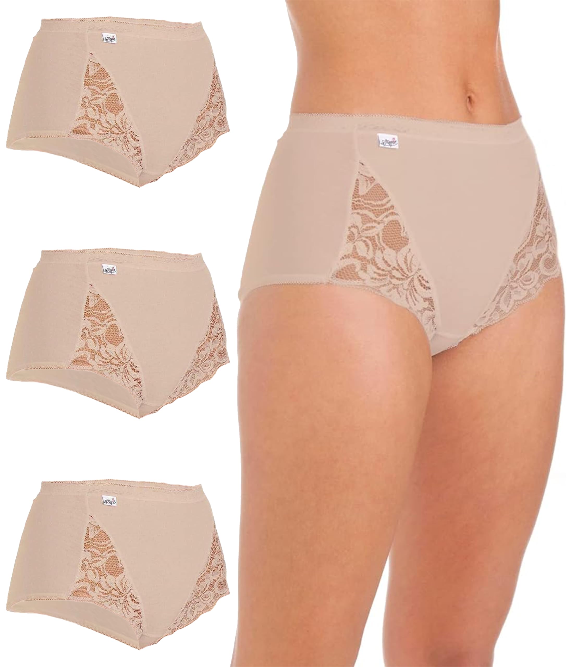 3 Pack Women's Full Coverage Lace Stretch Briefs - Comfortable Cotton Bikini Underwear with Support for Daily Wear, Sleep & Travel