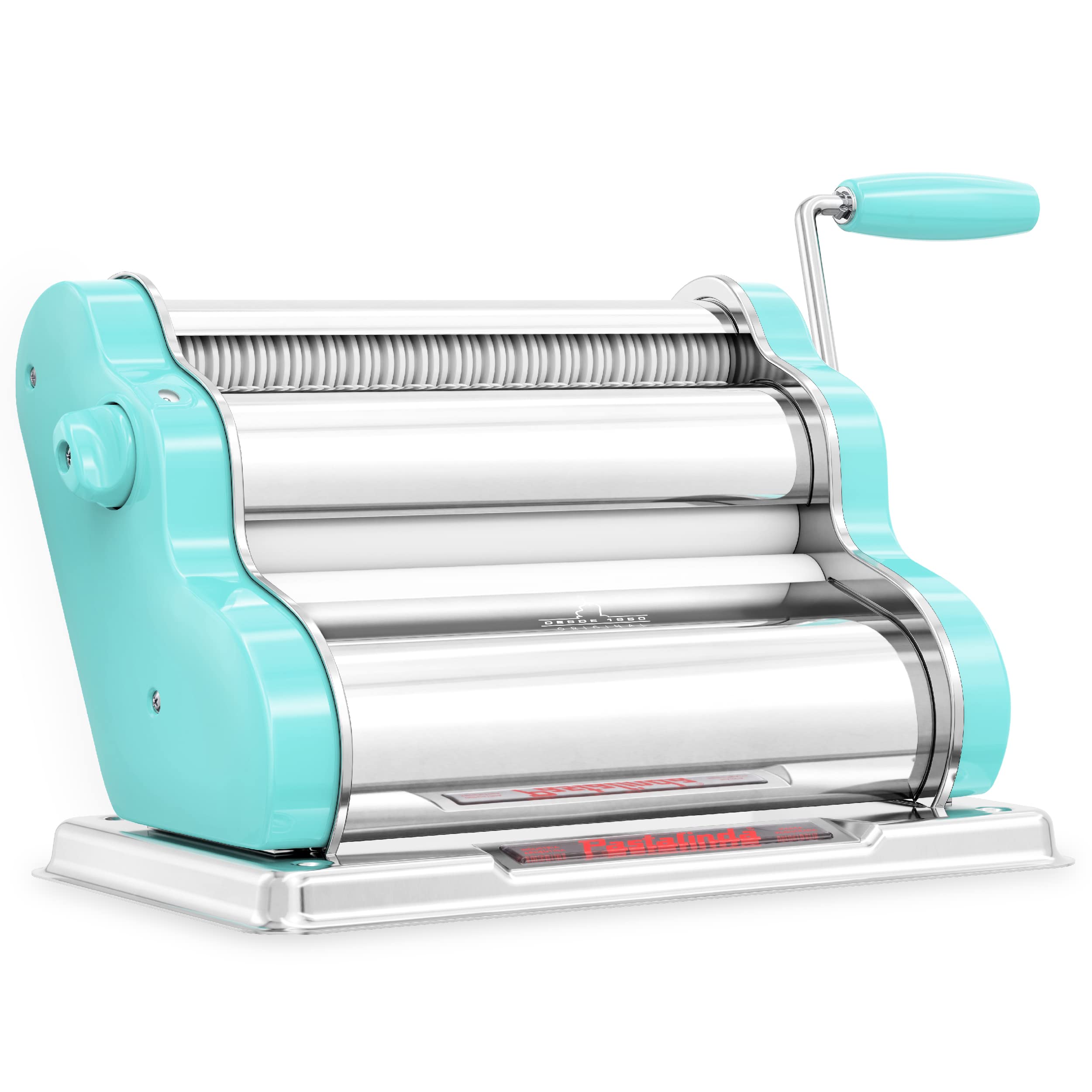 PASTALINDA Classic 260 Pasta Maker Machine - 26cm Wide Stainless Steel Rollers with 9 Thickness & 2 Cutting Settings | Includes Reinforced Hand Crank & 2 Clamps (Aqua) | Perfect for Homemade Pasta, Ravioli & Lasagna Making in Your Kitchen