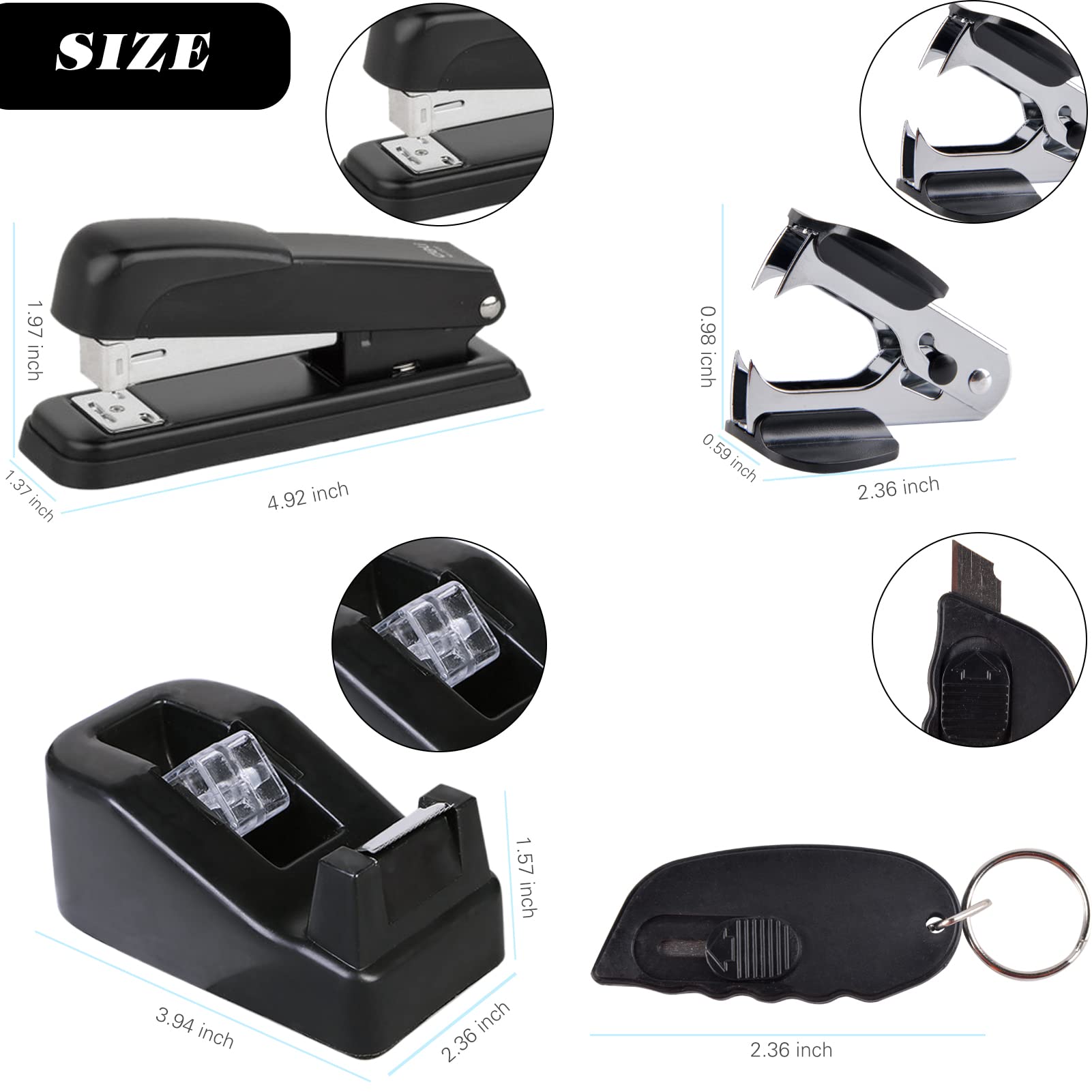ChezMax Black Office Desk Organizer Set - 15-Piece Stapler, Staple Remover, Tape Dispenser, Scissors, Push Pins, Paper Clips & More - Perfect for Home Office, School & Workplace Organization