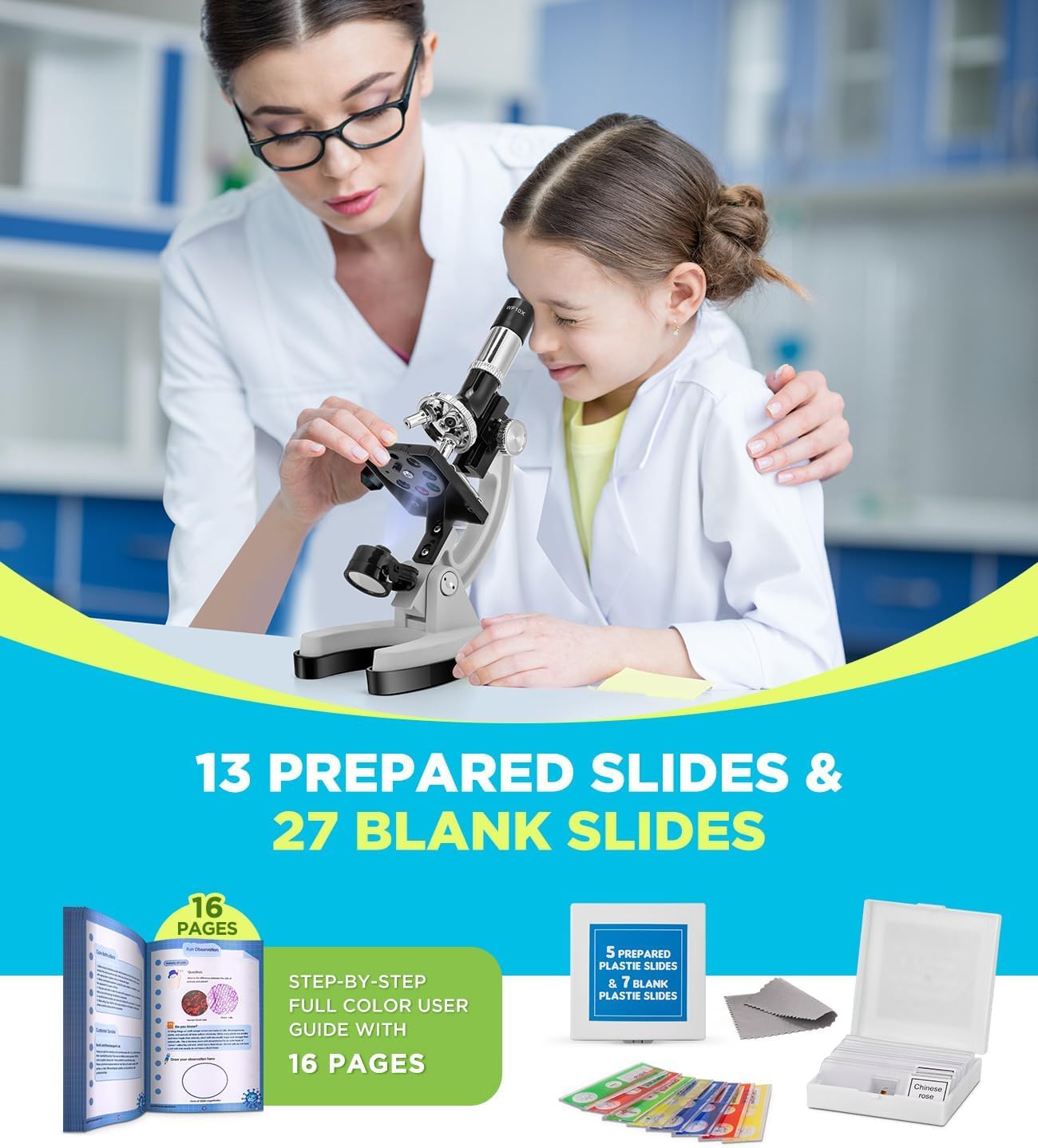62-Piece Kids Microscope Kit with 13 Prepared & 27 Blank Slides - Science Educational Toy for Ages 5-12 | Perfect for Homeschooling, Classroom Labs & STEM Learning Activities