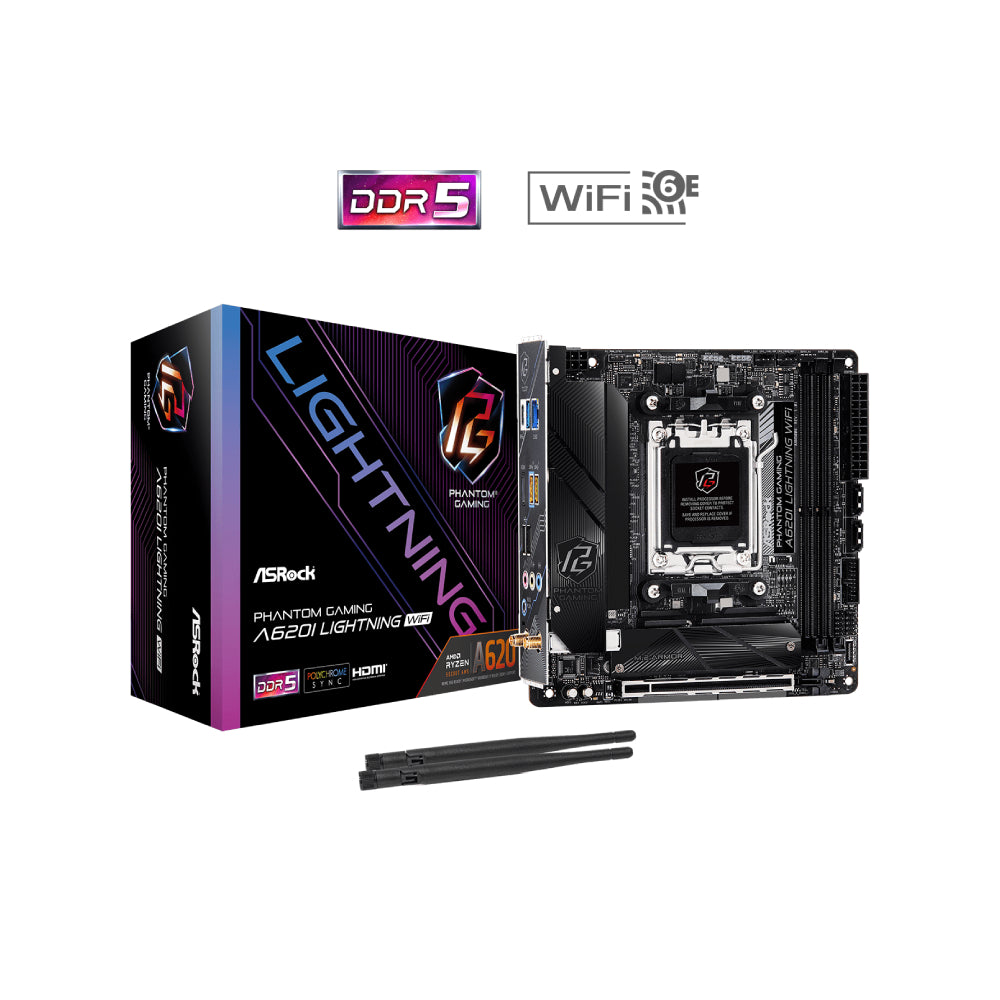 ASRock A620I LIGHTNING WIFI AMD A620 AM5 Mini ITX Motherboard with PCIe 4.0, DDR5 & WiFi 6 - Perfect for Compact Gaming PC Builds and Home Theater Systems