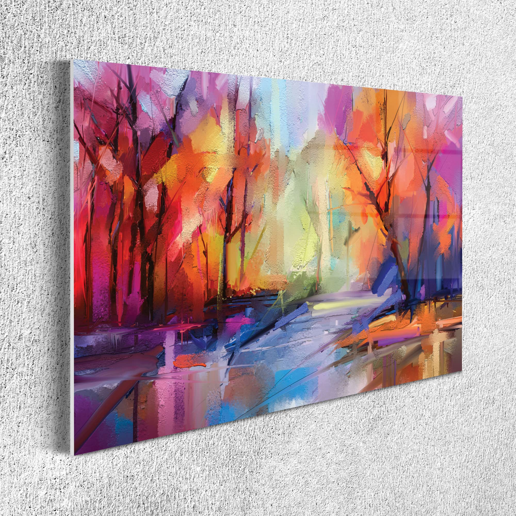 Ambesonne Watercolor Acrylic Glass Wall Art - Abstract Forest Landscape Painting with Colorful Trees & Lake - Modern Home Decor for Living Room, Bedroom & Dorm - 26.3 x 19.6 Inches - Fuchsia & Burnt Sienna - Perfect for Nature Lovers & Contemporary Interior Design