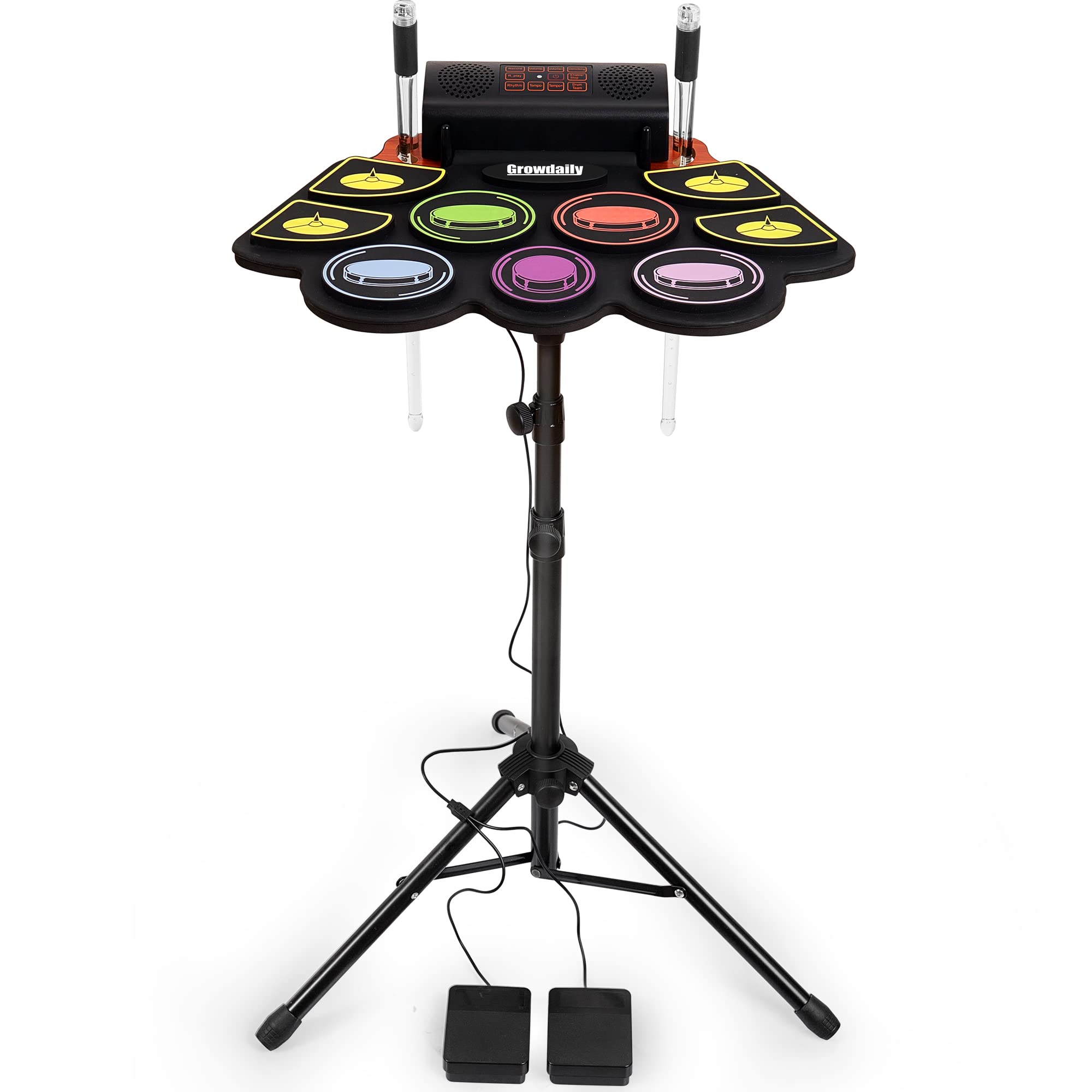 Electric Kids Drum Set - 9-Pad Electronic Drum Kit with Stand, Drum Pedal & Light-Up Sticks | MIDI, Dual Stereo Speakers, Music Recording | Perfect for Beginners, Home Practice & Stage Performance (Rainbow)