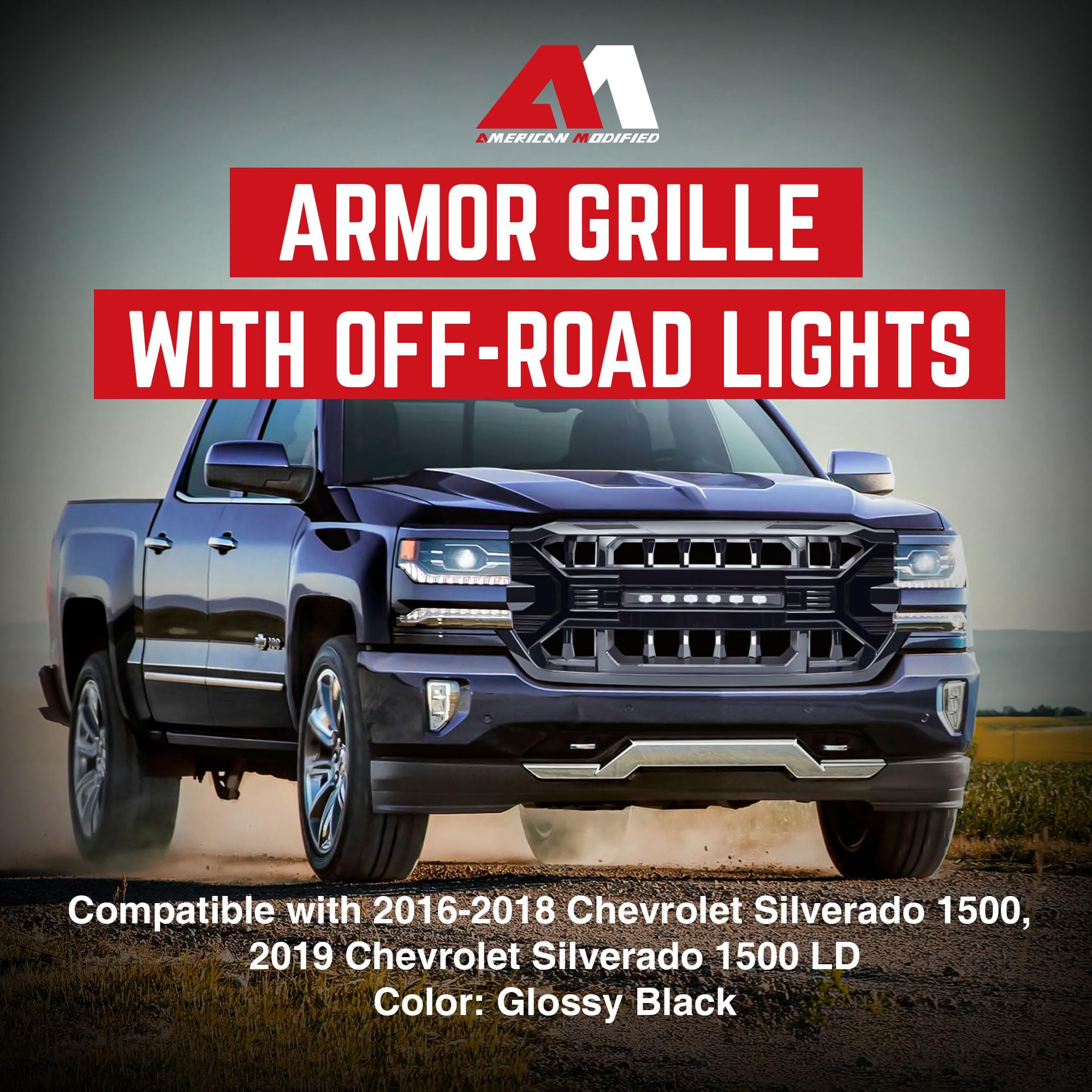 2016-2019 Chevrolet Silverado 1500 Off-Road Grille with LED Lights | Gloss Black Heavy Duty Front Bumper Guard | Perfect for Truck Modifications & Night Driving