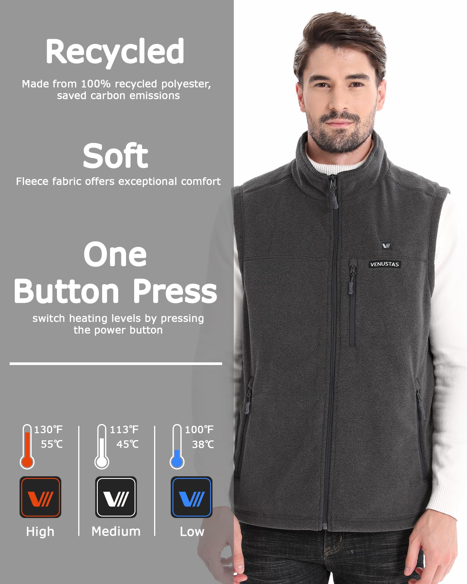 Venustas Men's Heated Fleece Vest with 6 Heating Zones - Lightweight Recycled Electric Winter Vest for Outdoor Activities, Hiking & Work