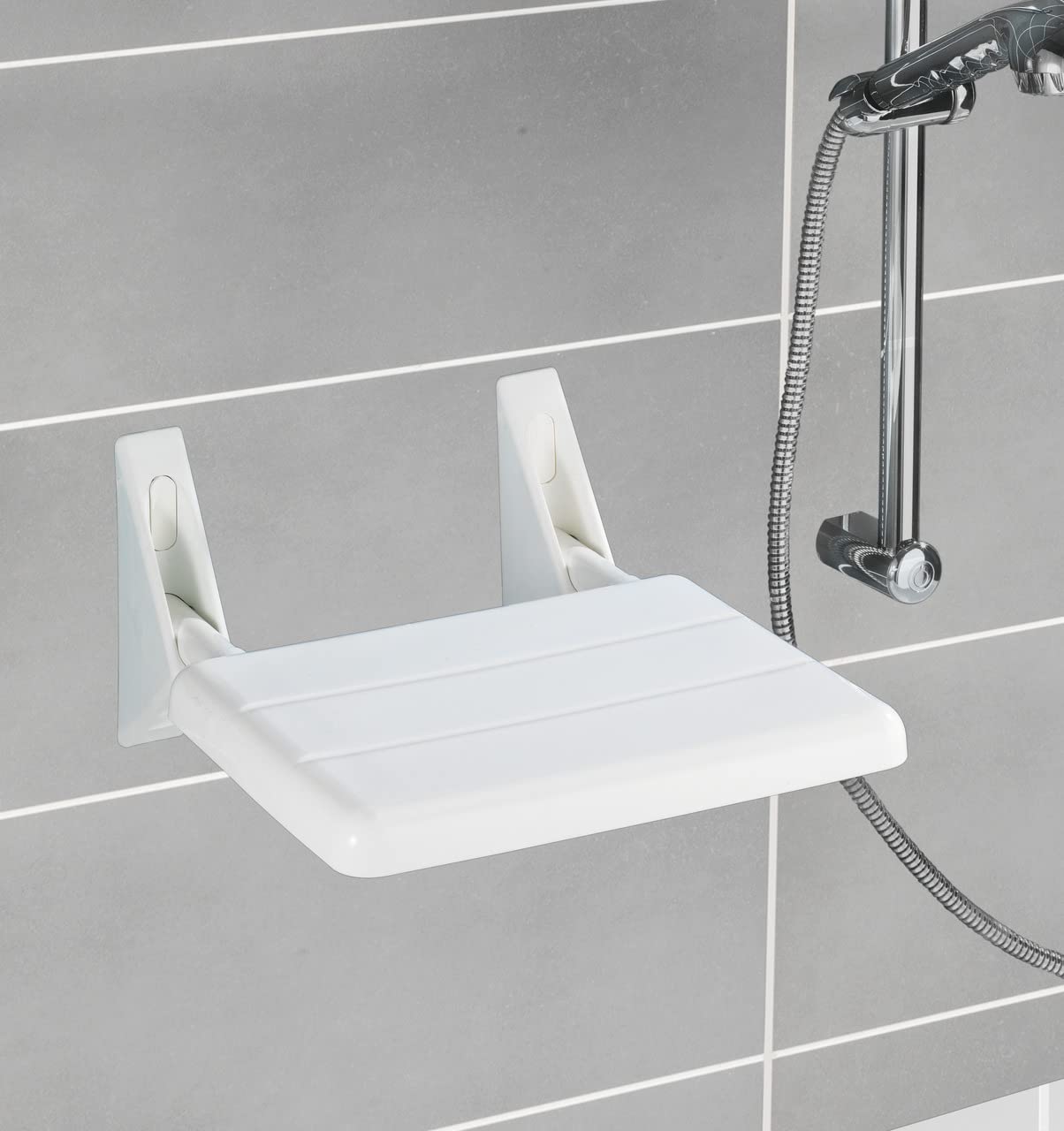 WENKO 179371100 White Shower Seat - 35 x 19 x 36 Inches - Non-Slip Bath Seat for Elderly & Disabled - Foldable Shower Chair for Small Spaces - Perfect for Bathroom Safety & Comfort