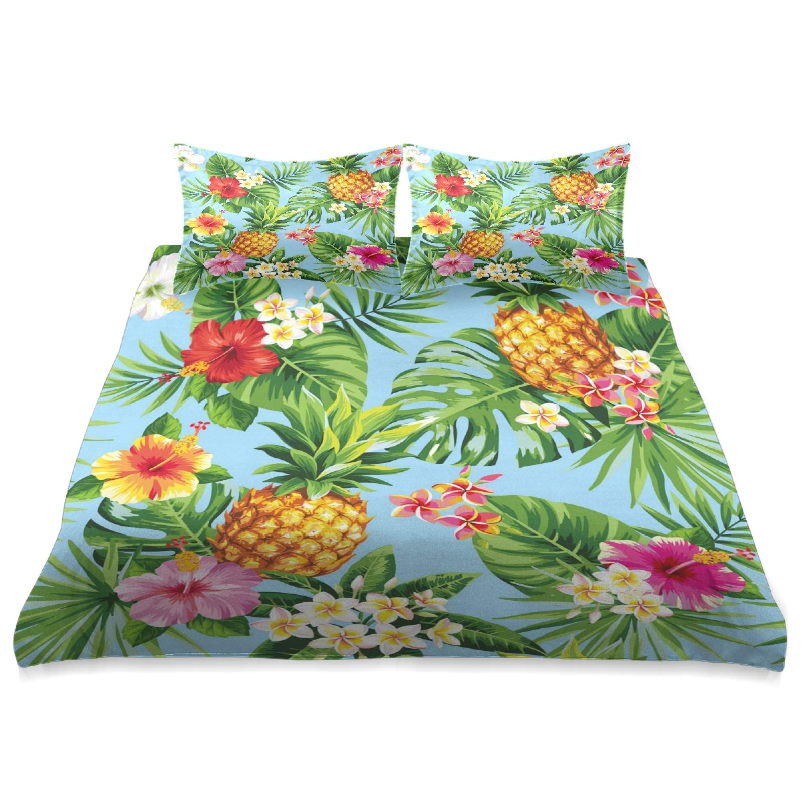 Tropical Pineapple Leaves Comforter Set - 3 Piece Ultra Soft All Season Bedding, Queen Size 90x90 Inch - Perfect for Beach Themed Bedrooms & Summer Home Decor