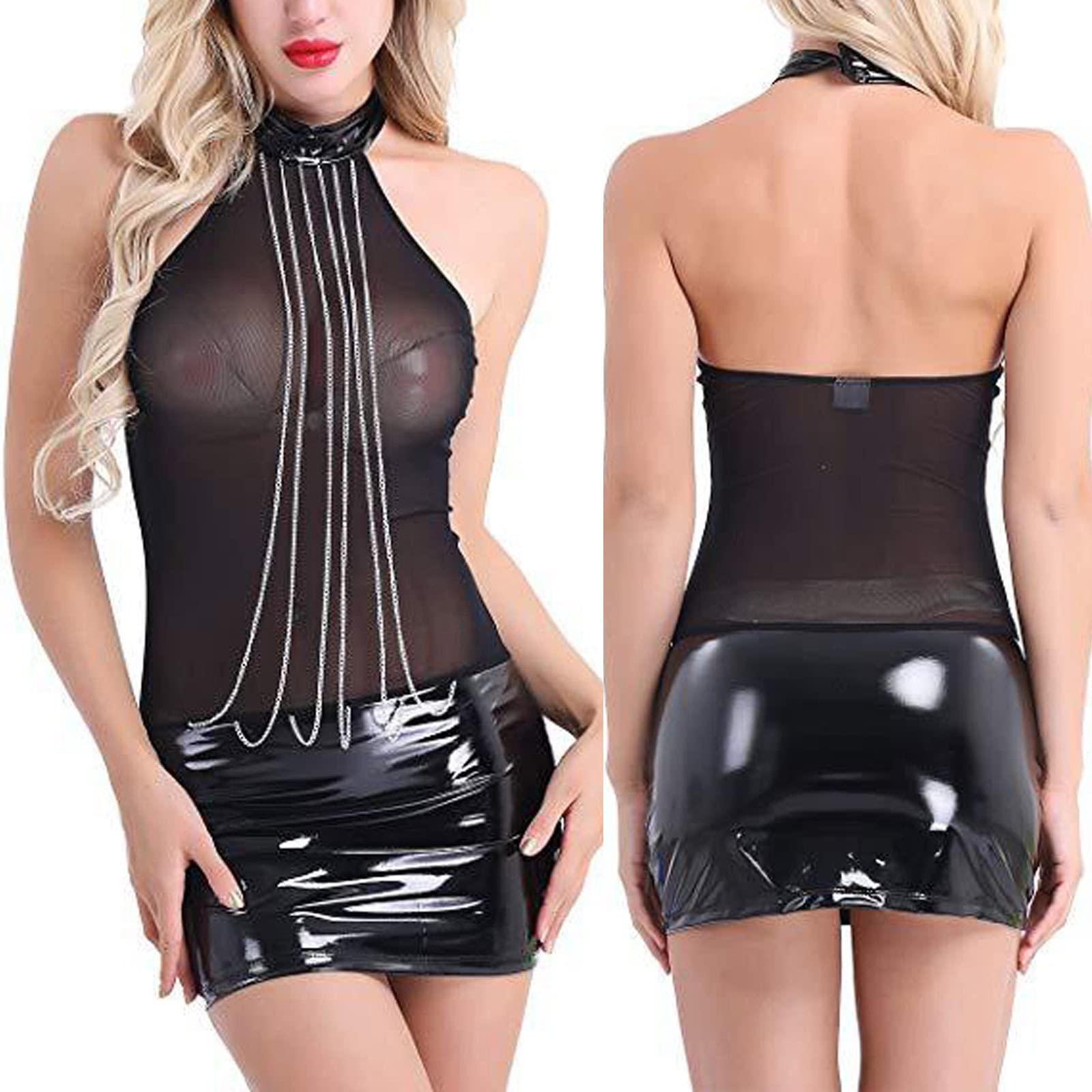 Sexy Patent Leather Nightdress for Women - Chain Halter Neck, Backless Mesh See-Through Babydoll Lingerie | Perfect for Valentine's Day, Anniversary Gifts & Romantic Nights