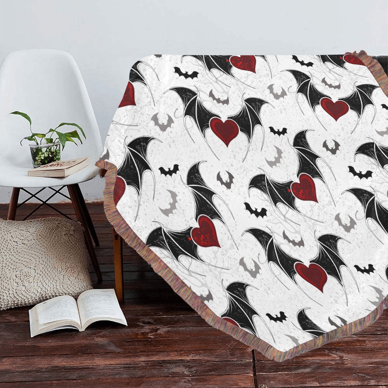 Bats and Hearts Ultra Soft Mixed Fringe Blanket - 60x80 Inch Cozy Throw Blanket for Bed, Couch & Home Decor | Halloween, Valentine's Day Gift Idea