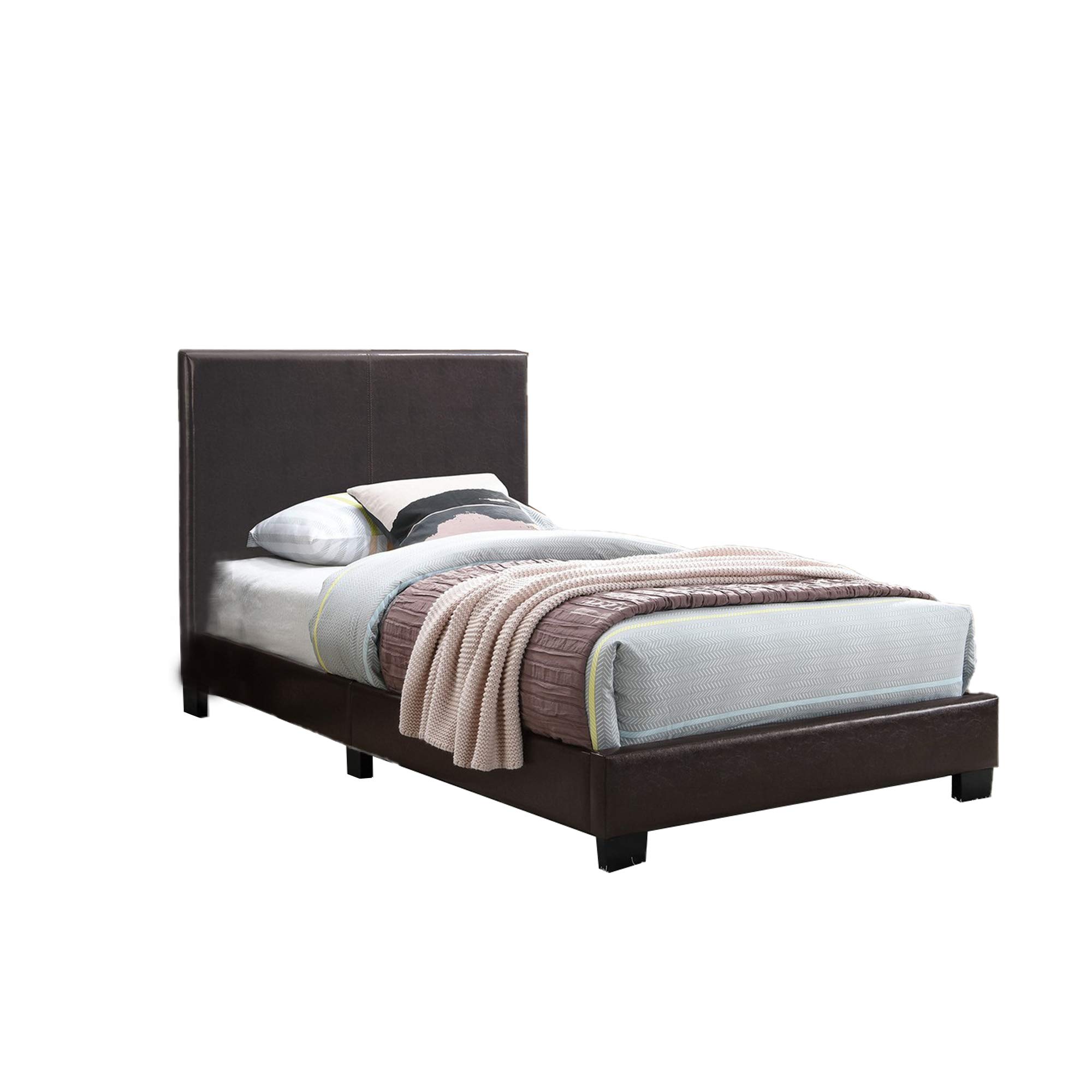 Benjara Transitional Style Leatherette Queen Size Bed Frame with Padded Headboard - Brown Faux Leather Upholstered Platform Bed - Perfect for Master Bedroom, Guest Room or Apartment