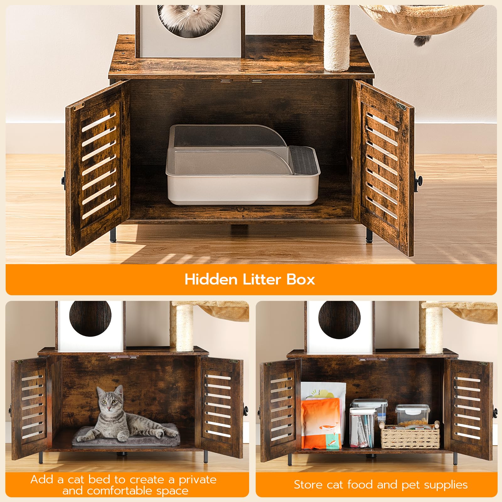 HOOBRO All-in-One Wooden Cat Tree with Litter Box Enclosure, Scratching Posts & Hammock - Multi-Level Cat Tower Condo for Indoor Cats - Rustic Brown Pet Furniture (Perfect for Small Spaces & Apartment Living)