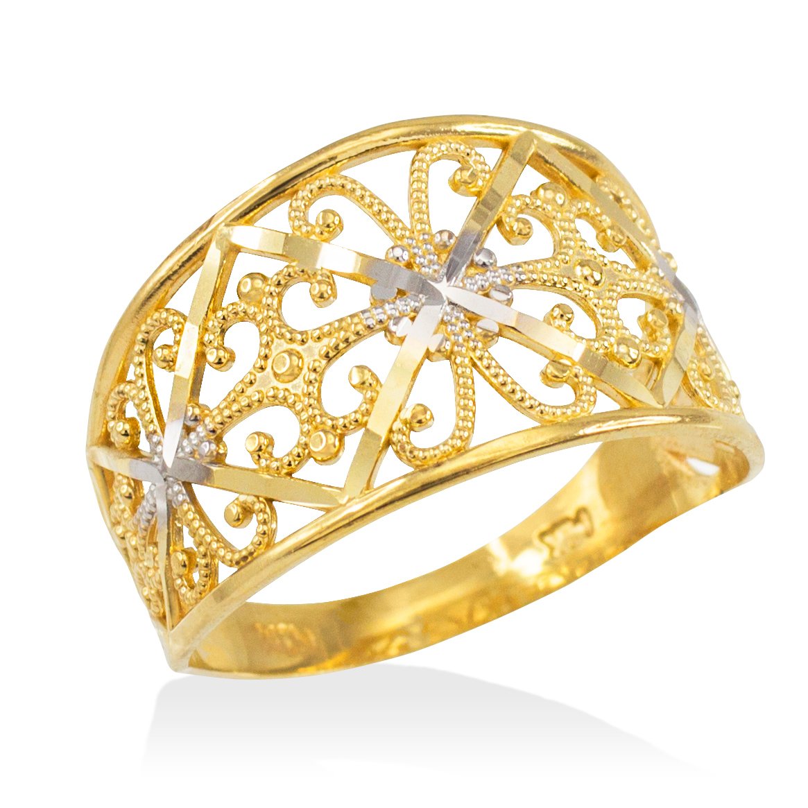 10K Two-Tone Gold Milgrain Edge Four Leaf Clover Filigree Cocktail Ring - Elegant Modern Jewelry for Women, Perfect for Parties, Weddings & Special Occasions