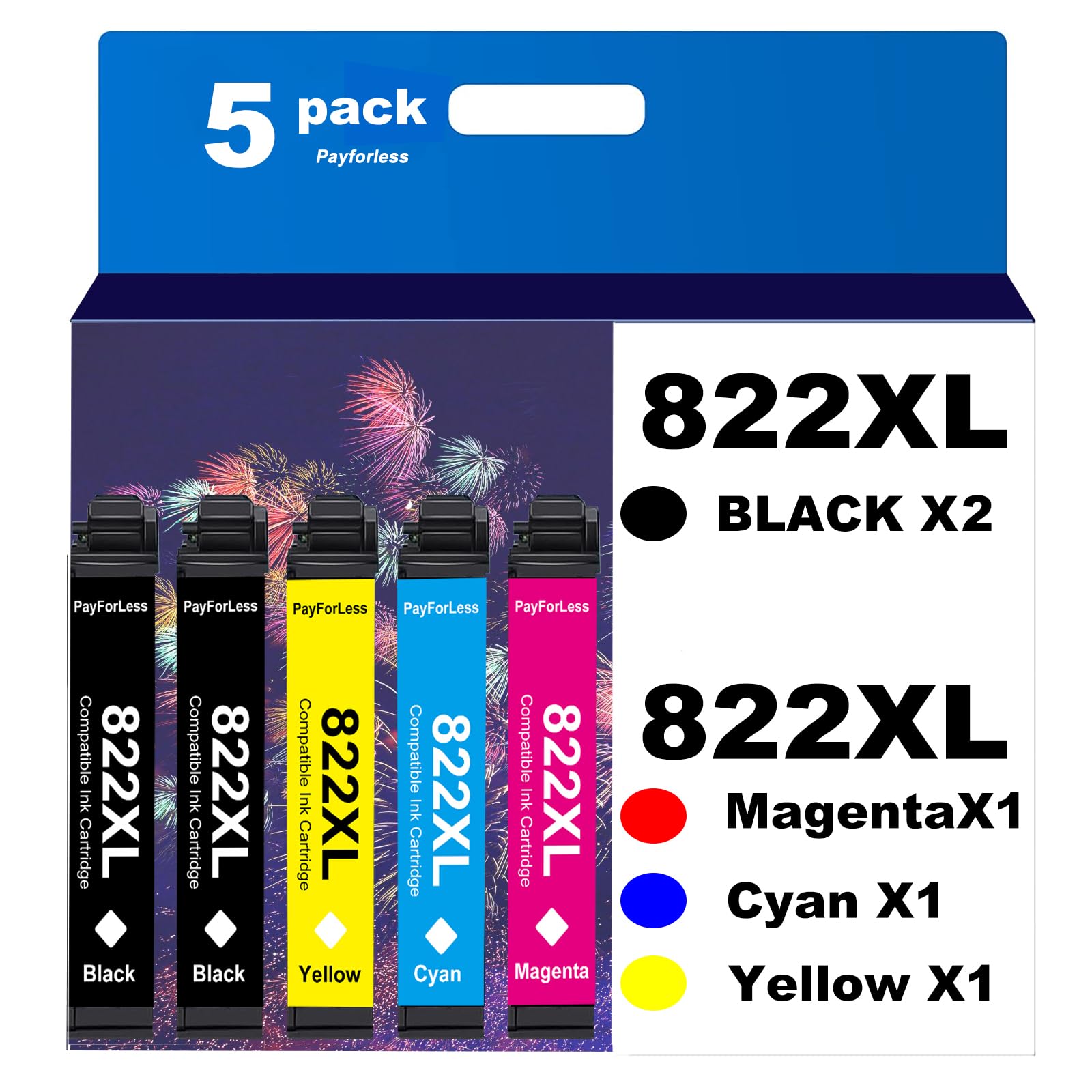 Epson 822XL Remanufactured Ink Cartridges (5-Pack: 2 Black, 1 Cyan, 1 Magenta, 1 Yellow) - Compatible with Epson Workforce Pro WF-3820 WF-4820 WF-4830 WF-4833 WF-4834 Printers - Ideal for Home Office & Small Business Printing Needs