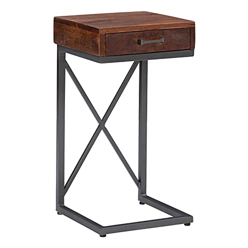 Powell Furniture Linon Kirk Metal and Wood C Table - Black End Table for Living Room, Bedroom, or Office - Side Table with Sturdy Metal Frame and Wooden Top - Perfect for Holding Lamps, Drinks, and Decor