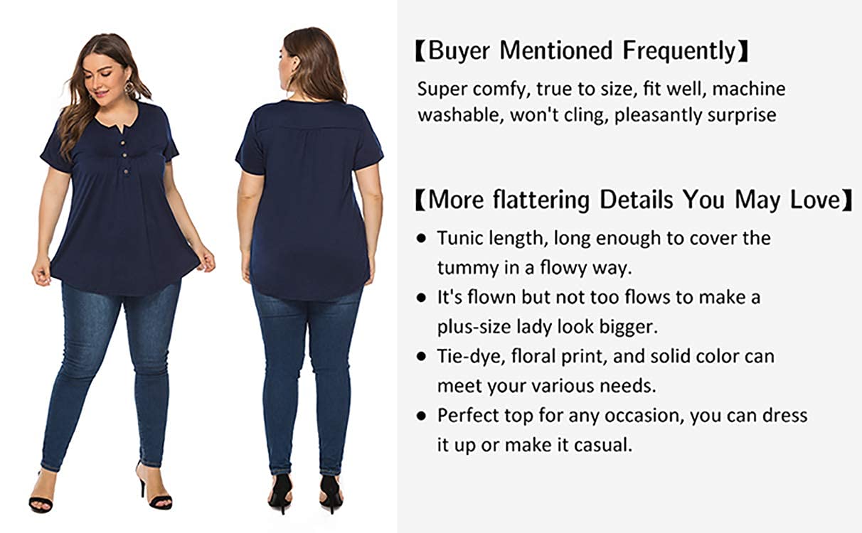 Plus Size Women's Summer Henley Shirts - Flowy Tunic Tops for Casual Wear & Beach Outfits | Comfortable Loose Fit Tee for Everyday Style