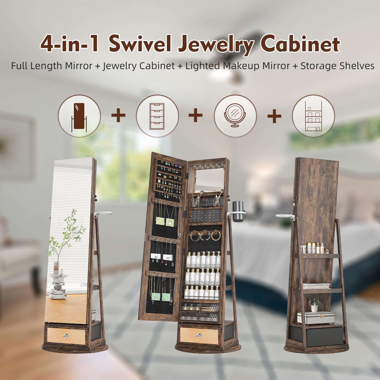 360° Swivel Jewelry Cabinet with Mirror - 6 LED Lights, Rotatable Full Length Mirror & Jewelry Storage Shelf | Standing Jewelry Armoire Organizer for Bedroom, Closet & Dressing Room Decor