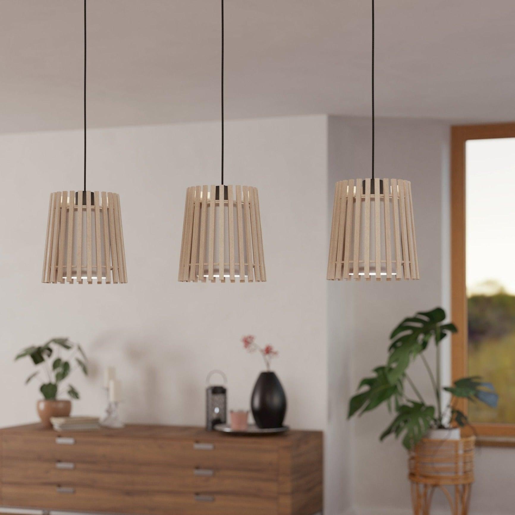 Eglo Fattoria 3-Light Wood Slat & Fabric Ceiling Pendant Light Fixture - Modern Farmhouse Lighting for Kitchen Island, Dining Room, or Bedroom