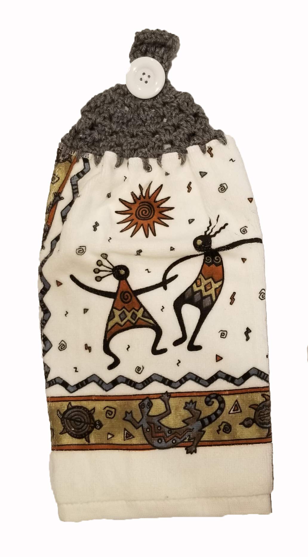 Handmade Grey Crochet Southwest Dancer Themed Kitchen Towel - Perfect for Rustic Farmhouse Decor, Holiday Gifts & Southwestern Style Kitchens