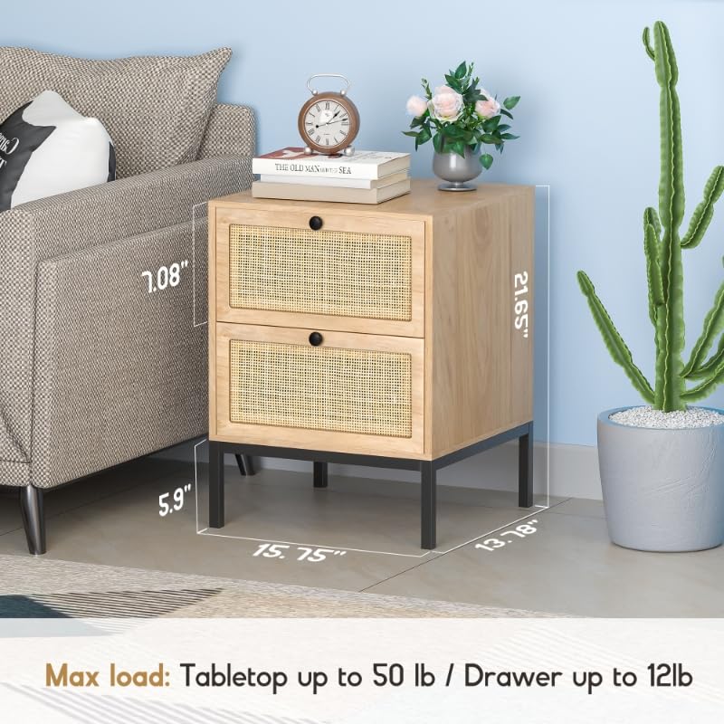 Natural Rattan Nightstand Set of 2 - Boho Bedside Tables with Drawers & Metal Legs, Cane End Tables for Bedroom & Living Room - Perfect for Small Spaces & Home Decor