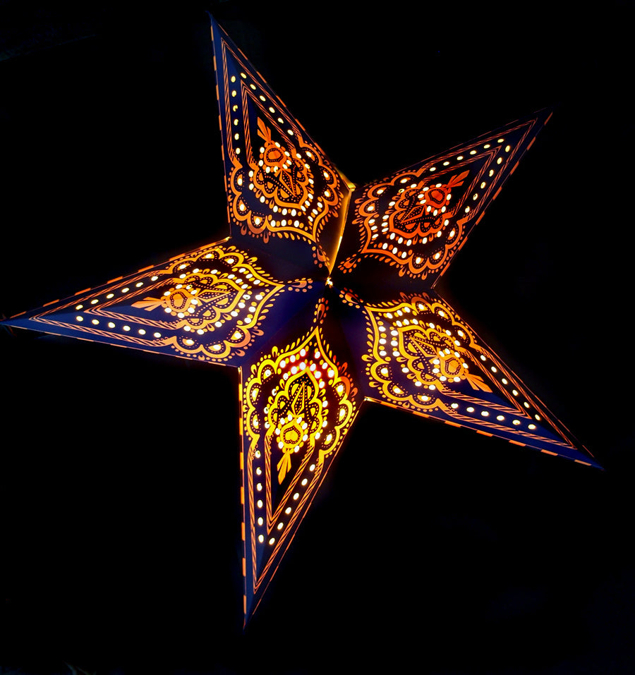 24 Pack Blue on Yellow Mehandi Paper Star Lanterns - Hanging Wedding, Party & Festival Decorations for Indoor/Outdoor Events