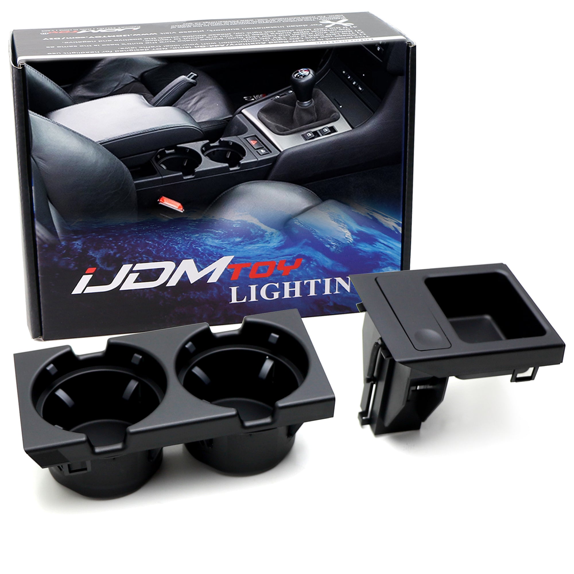 2-Piece Black Non-Slip Cup Holder and Armrest Coin Tray for BMW E46 3 Series - Perfect for Drinks, Change Storage & Car Organization Accessories