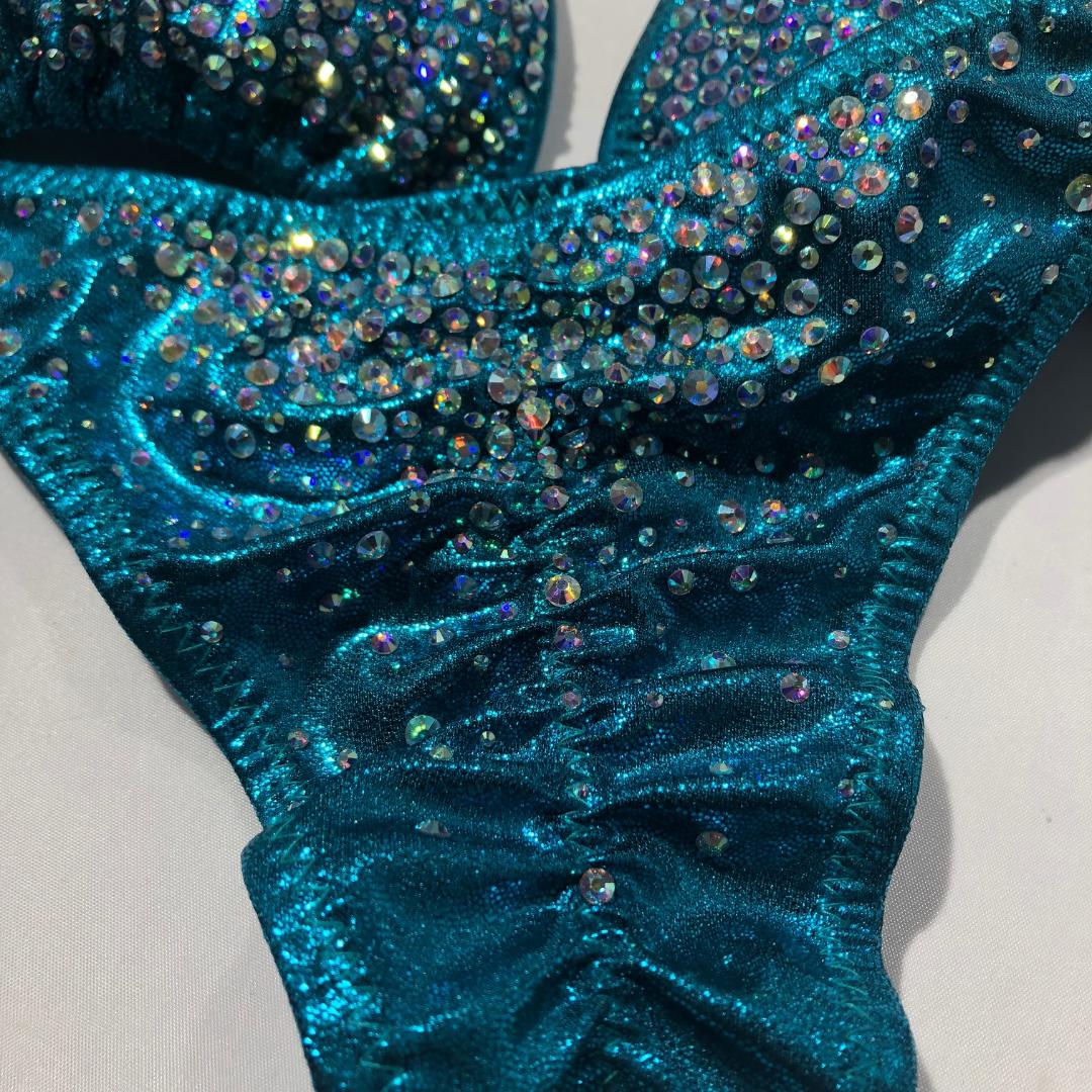 Competition Bikini Teal Green Color with Stunning AB Rhinestones & Twisted Connectors - Perfect for Dance, Cheerleading & Swimwear Performances
